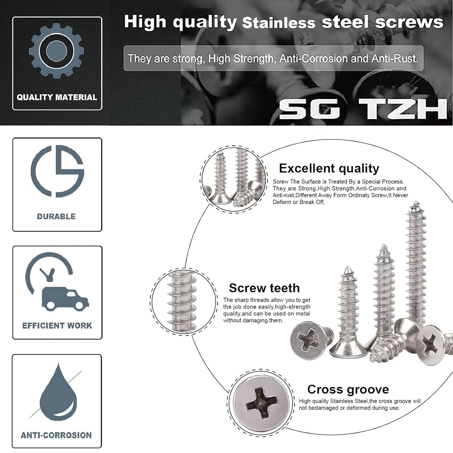 #14 x 1 Wood Screw 100Pcs 18-8 (304) Stainless Steel Screws Flat Head Phillips Fast Self Tapping Drywall Screws by SG TZH