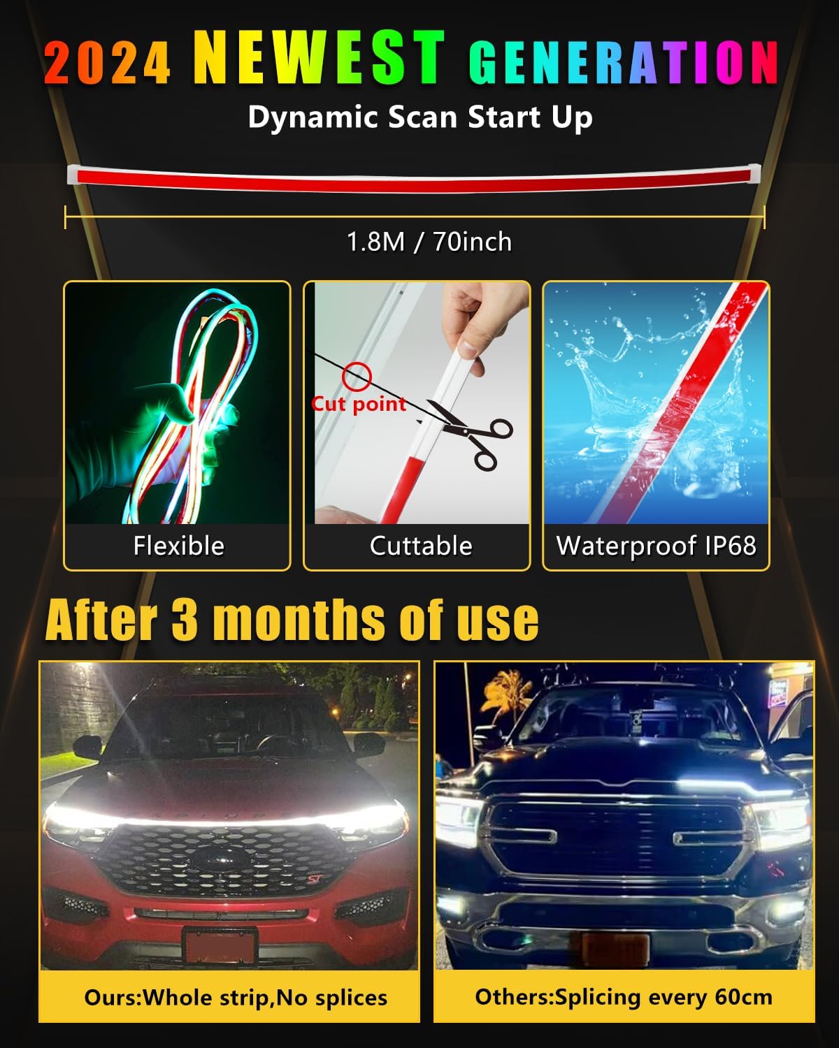 YM E-Bright Car Led Lights Exterior RGB Hood Light Strip Waterproof Multicolor Dynamic Scan Start Up Hoodbeam Kit DRL Daytime Running Lights for Cars,Truck,SUV,APP Control,12V 70inch
