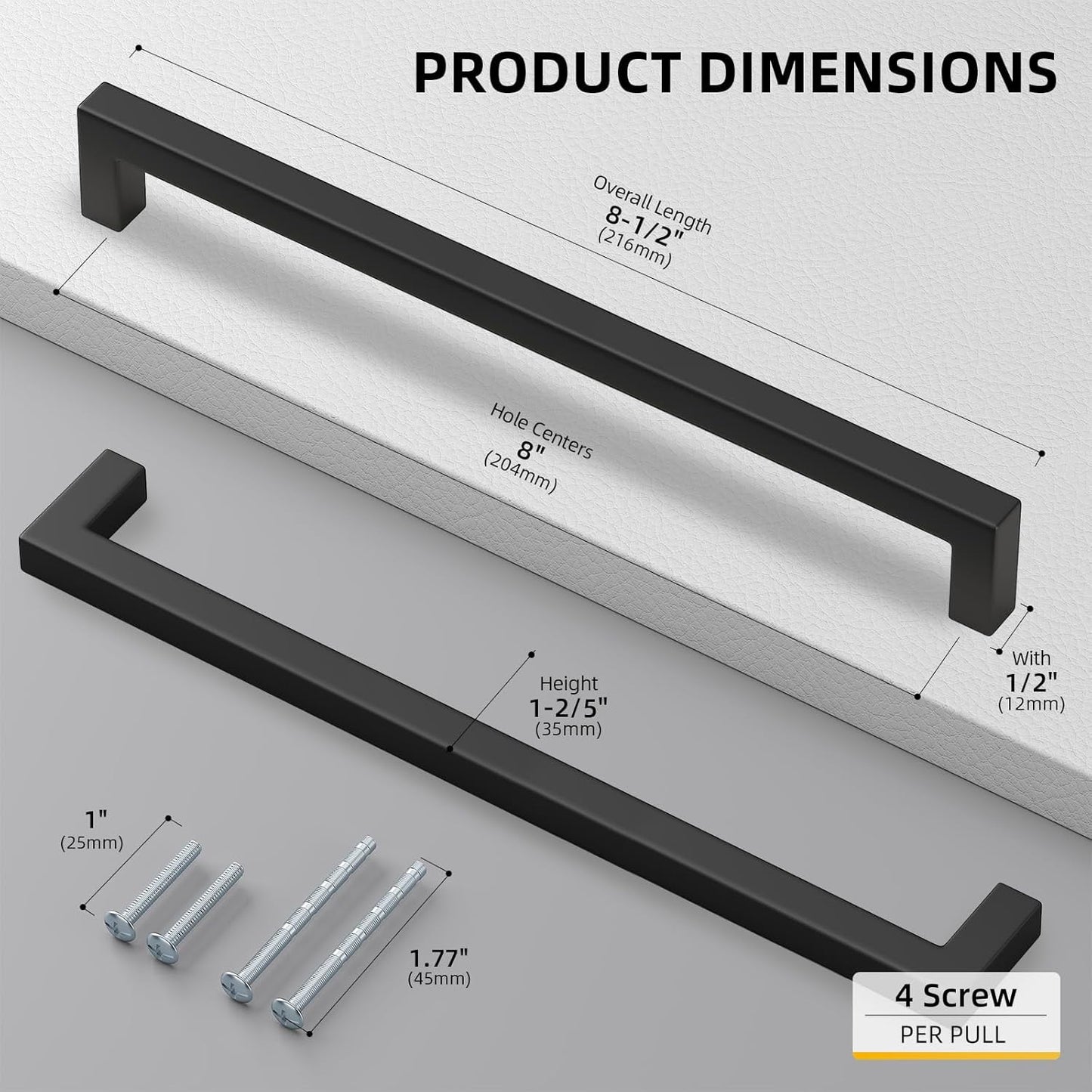 goldenwarm 35Pack 8INCH Matte Black Cabinet Pulls Kitchen Hardware, 204mm Square Bar Pulls for Cabinets Hardware, Black Drawer Pulls 8-1/2in Overall Length