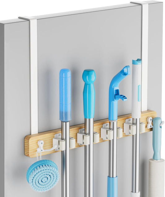 Lorbro Broom Holder Door Mount, Over the Door Broom and Mop Holder with 2 Over Door Hooks, Wood Broom Hanger, Tool Rack Organizer for Laundry, Garage, Closet, Kitchen Decor, 4 Slots & 4 Hooks Rustic