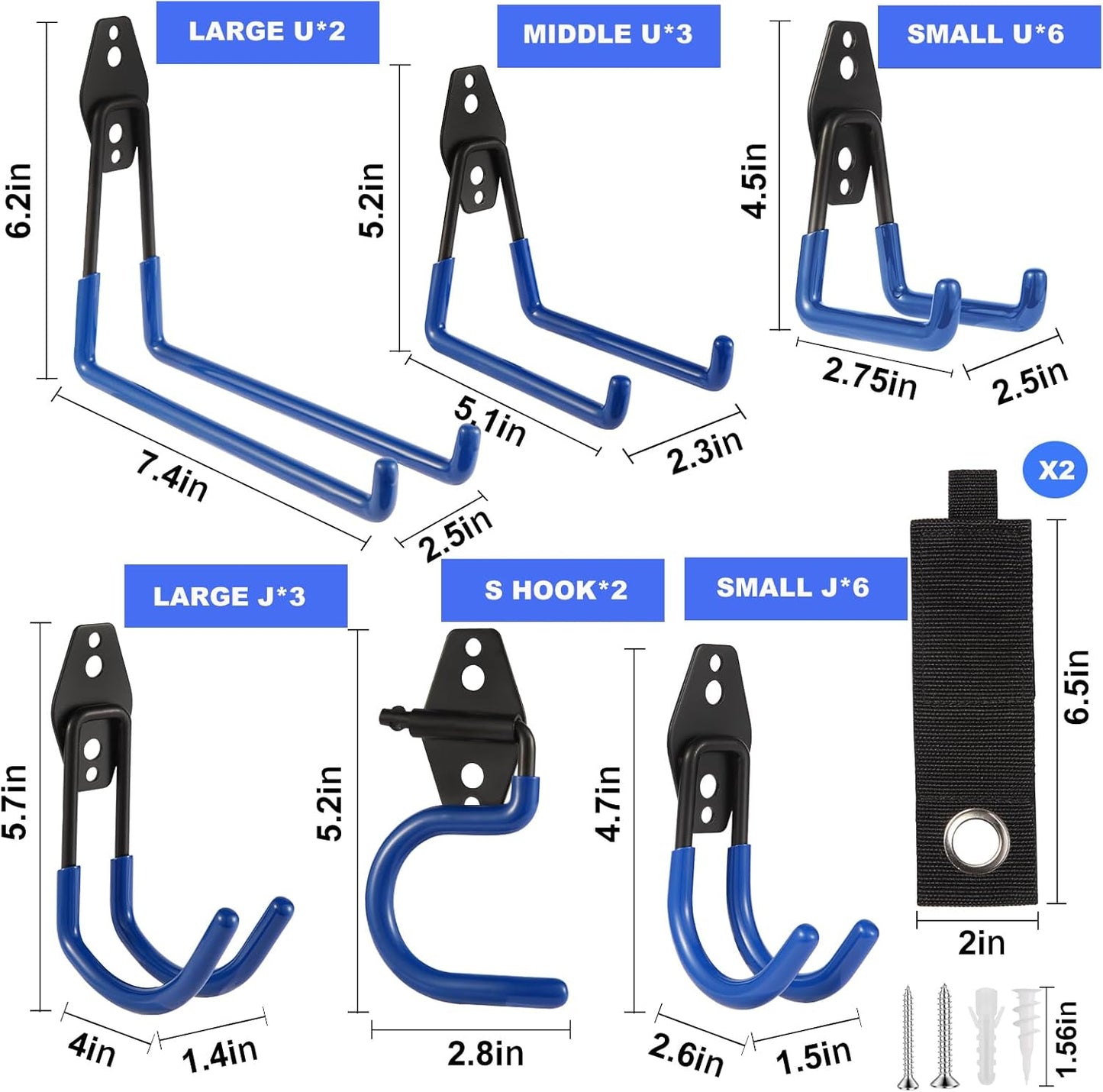 Garage Hook Heavy Duty Wall Storage Hangers, 24 Pack Garage Storage Hooks Steel Tool Blue for Ladders, Ropes, Garden Tools