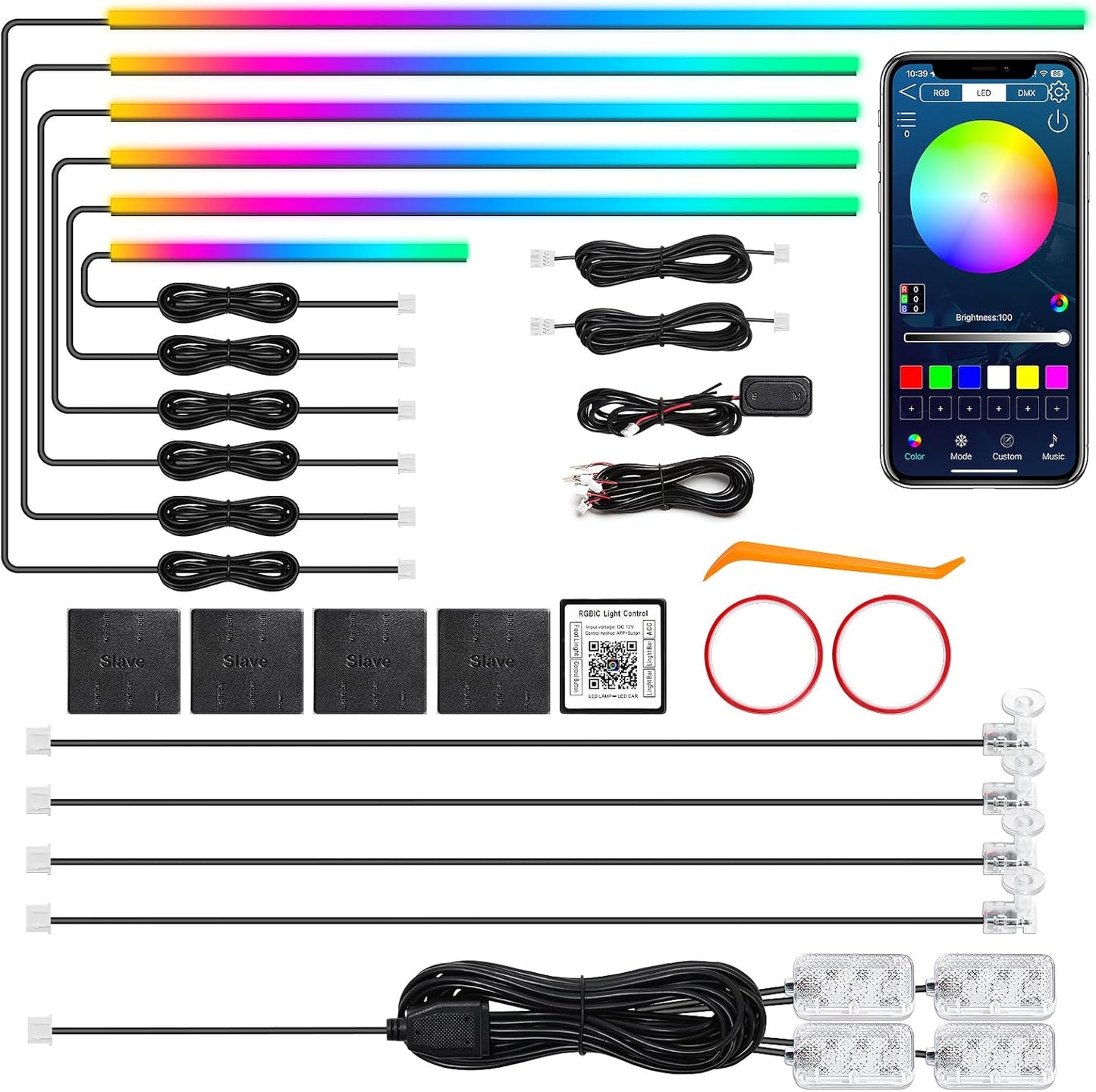 Dreamcolor Acrylic Interior Car LED Strip Light with Wireless APP, RGB 14 in 1 with 175 inches 612 LEDs Fiber Optic Strip Lights for Car, Dual Zone Music Sync Neon Car Ambient Lighting Kits