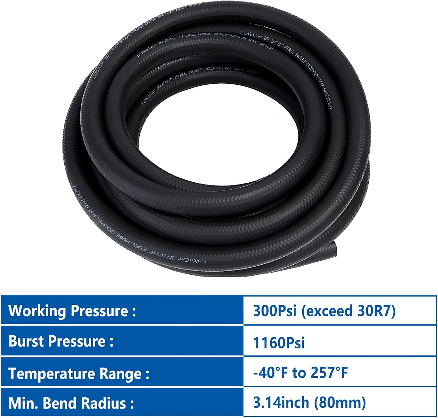 LokoCar 5/16" ID Fuel Hose Line Push Lock NBR Rubber SAE 30R7 300PSI 25ft Black