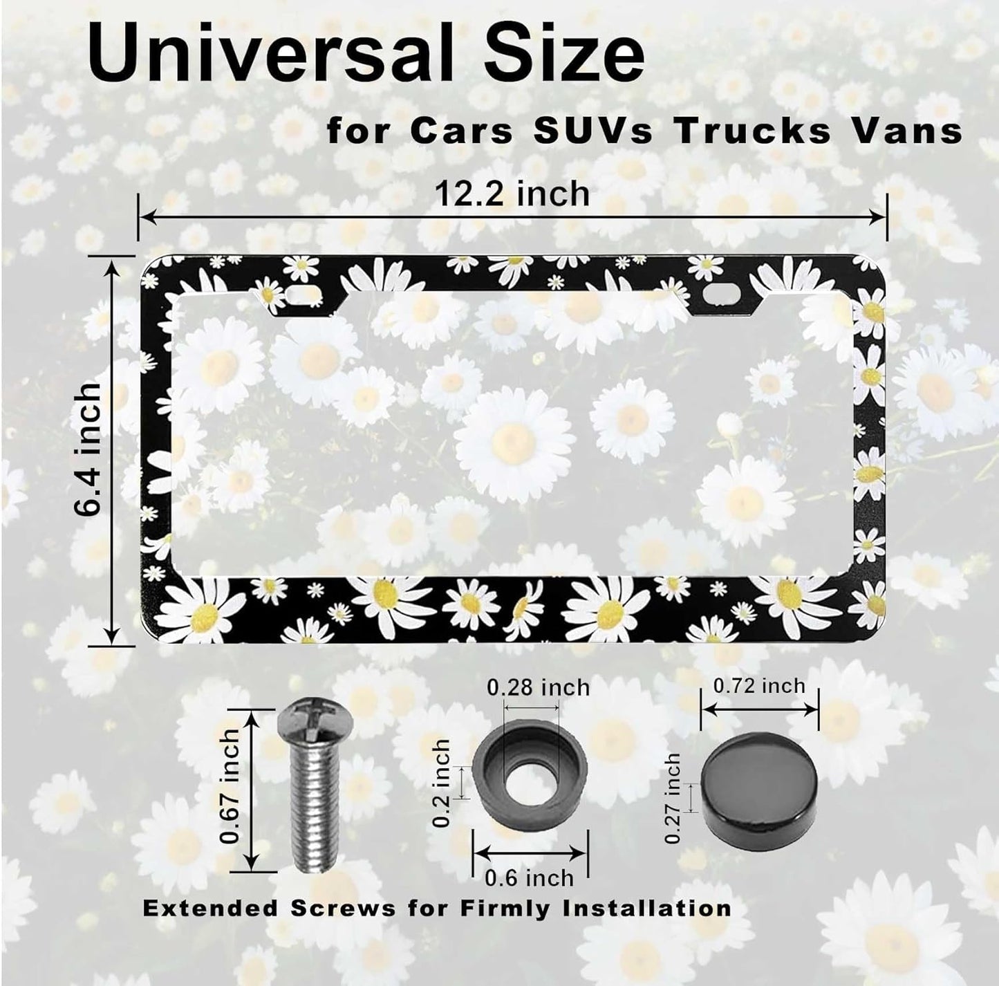 2 Pack Universal Daisy Floral License Plate Frame - Heavy Duty Rustproof Aluminum Matte Black Daisy Car Tag Holder Cover Bracket Fits All Vehicles, Easy Install with Screws Included