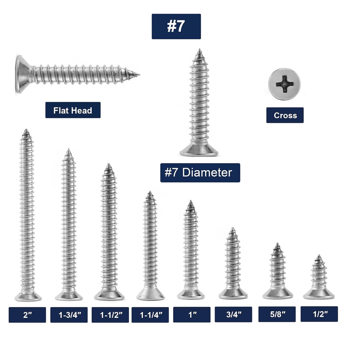 #7 x 1-1/4" Wood Screw 100Pcs 18-8 (304) Stainless Steel Screws Flat Head Phillips Fast Self Tapping Drywall Screws by SG TZH