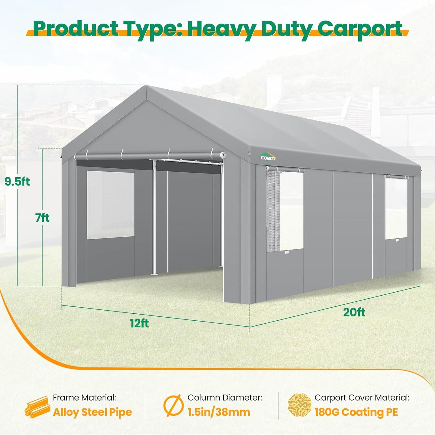 COBIZI Carport Canopy 12x20 Heavy Duty Portable Garage with Removable Sidewalls & Doors, Galvanized Frame Car Port Canopy Tent Waterproof with Built-in Sandbags for Car Boat Truck, Gray