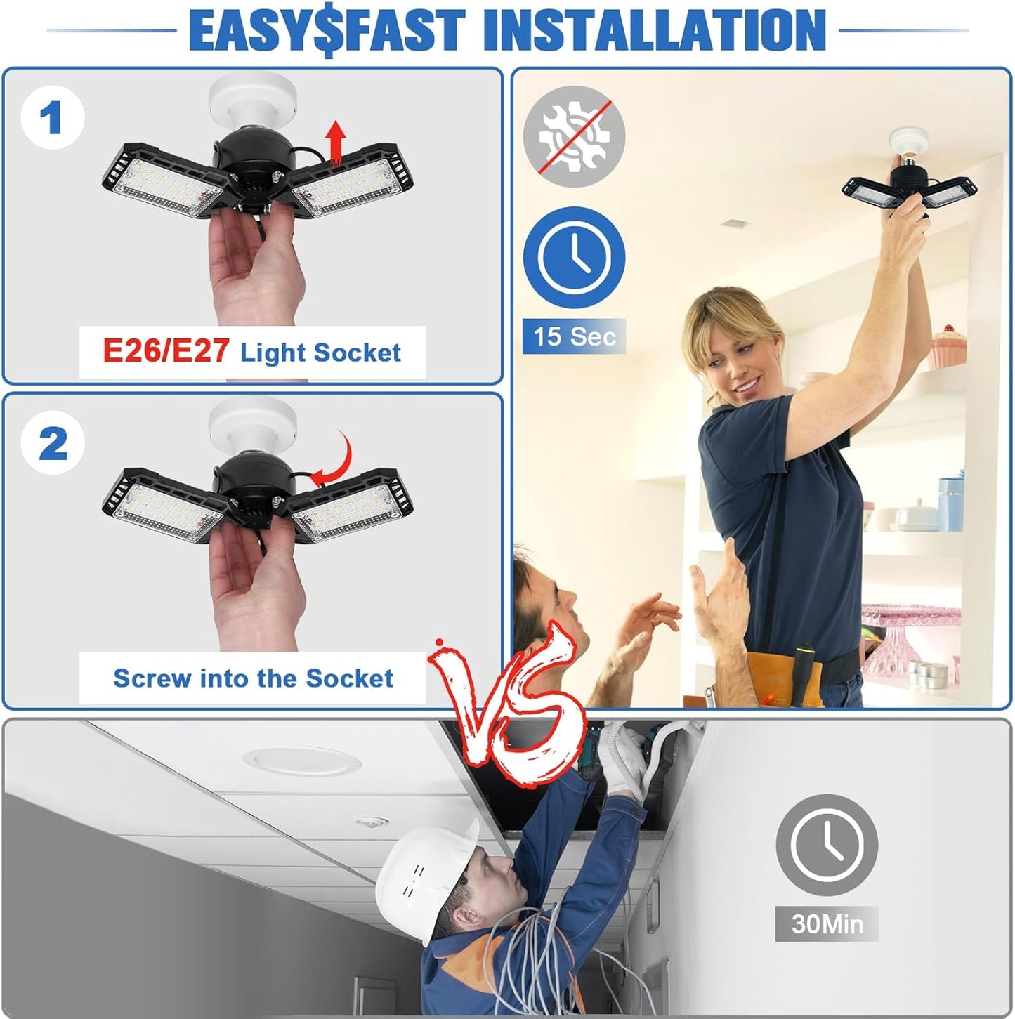 LED Garage Lights Bulb 4 Pack -80W, 8000LM 6500K Led Shop Light with 3 Deformable Panels, Basement Barn Light Garage Ceiling Lights, E26/E27 for Garage, Warehouse, Shop, Basement