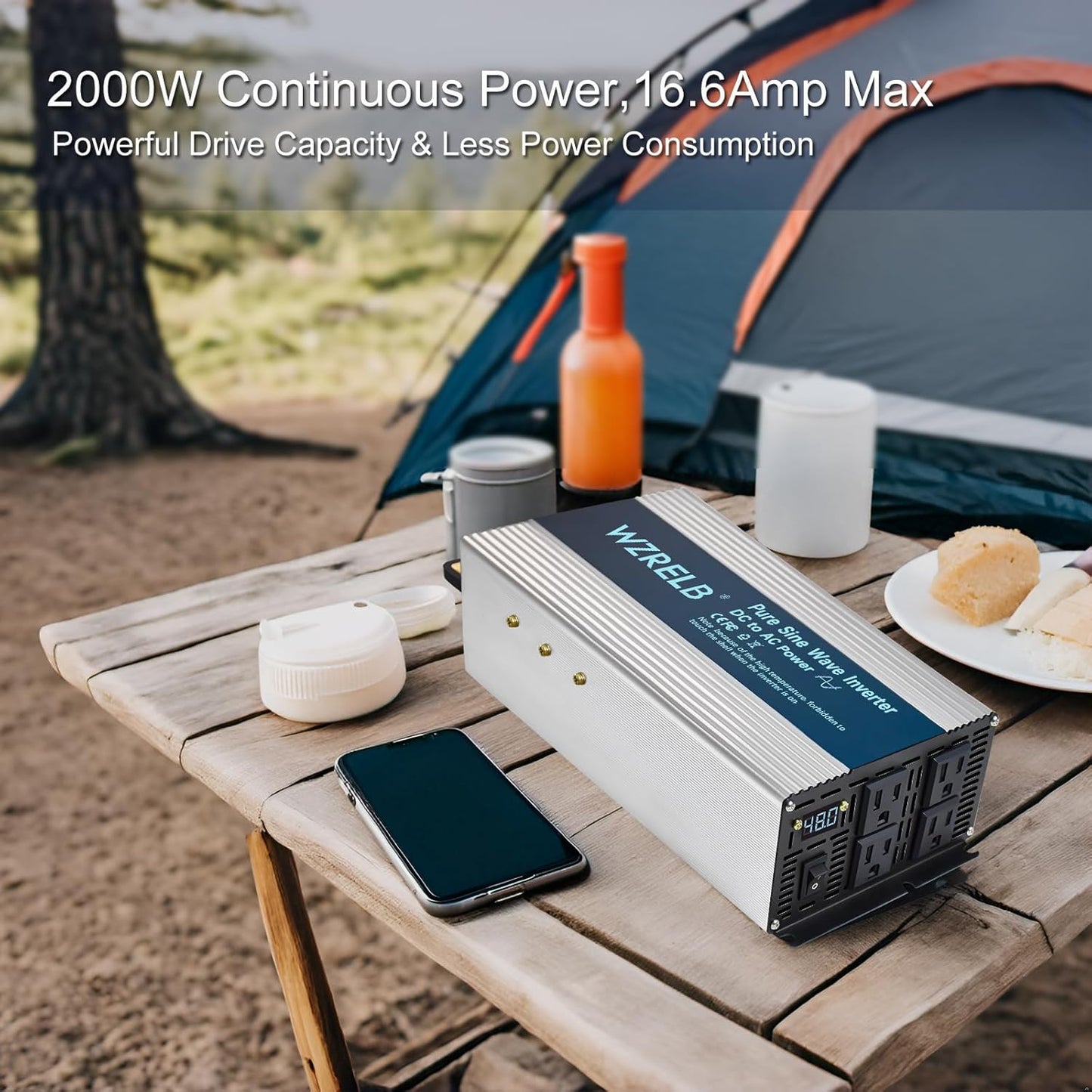 WZRELB 2000W Pure Sine Wave Inverter 12V DC to 110V 120V AC, Car Power Inverter with 4 AC Outlets, LED Display,Off-Grid Portable Power Converter for Home, RV, Truck, Camping