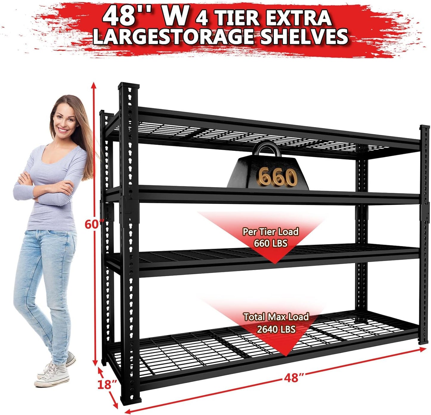 Storage Shelves, Garage Shelving Heavy Duty 2640LBS Capacity, 48"L x 18"W x 60"H Adjustable Metal Shelving Organizer Wire Rack, 4 Tier Utility Shelf Unit for Pantry Closet Warehouse Organization