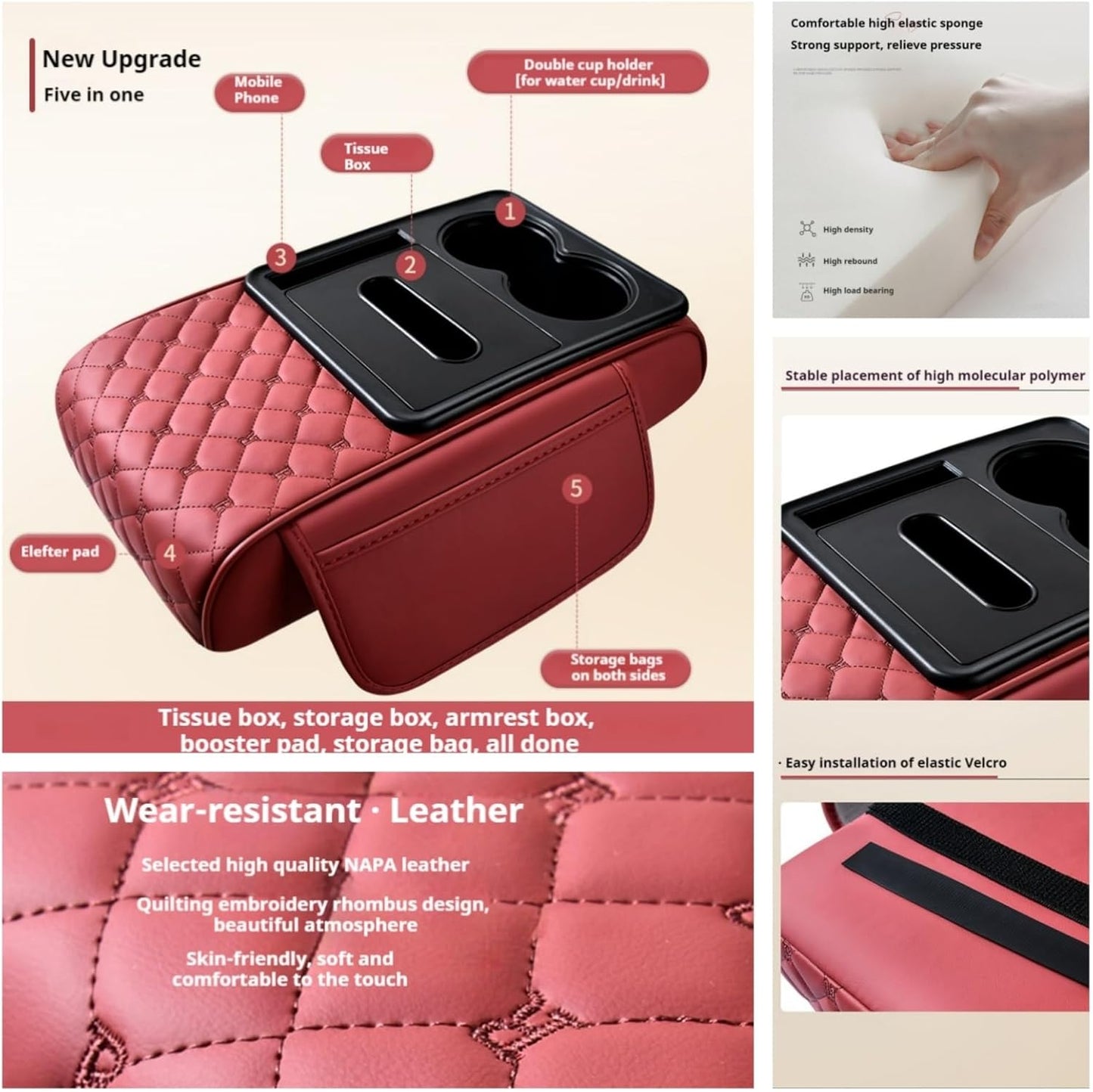 5-in-1 Center Console Cover Organizer, Arm Rest Cover for Car with Cup Holder & Storage Pocket & Tissue Box, Armrest Cover Cushion Pad, Grid, Black - Red