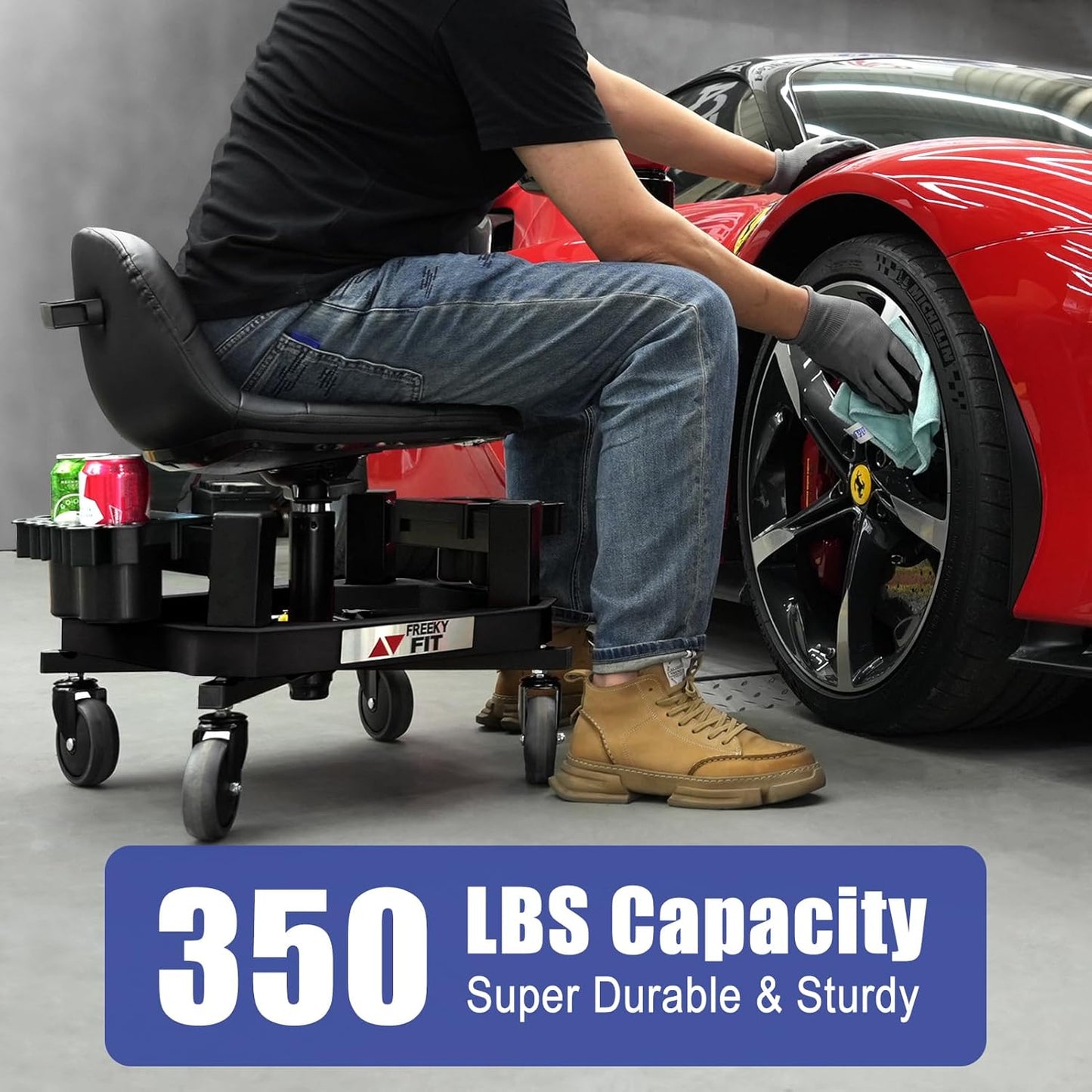 Rolling Stool with Wheels, Adjustable Shop Stool Mechanic Chair Seat Garage Shop Roller Work Chair Mobile Rolling Seat with Tool Tray, 2 Cup Holders, 4" Casters, 350 LBS, Heavy-Duty, Blue