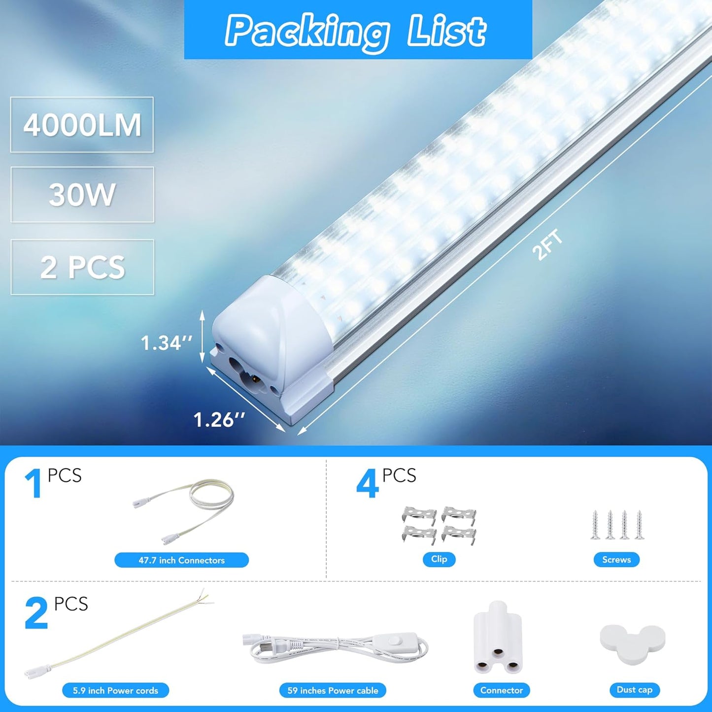 2 Pack 2FT T8 LED Shop Lights, 30W Integrated Tube Light, 4800LM 6000-6500K Daylight, Linkable Lighting, Plug & Play Energy-Saving Commercial Bay Lighting for Garage Warehouse Basement (V8)