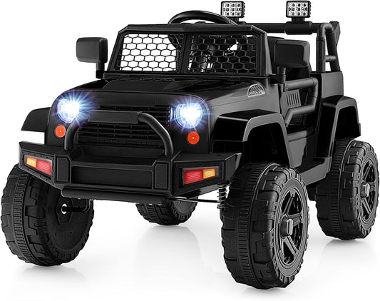 Costzon Ride on Car, 12V Battery Powered Truck Vehicle with Remote Control, Spring Suspension, Headlights, Music, Horn, MP3, USB & Aux Port, Gift for Boys Girls, Electric Car for Kids (Black)
