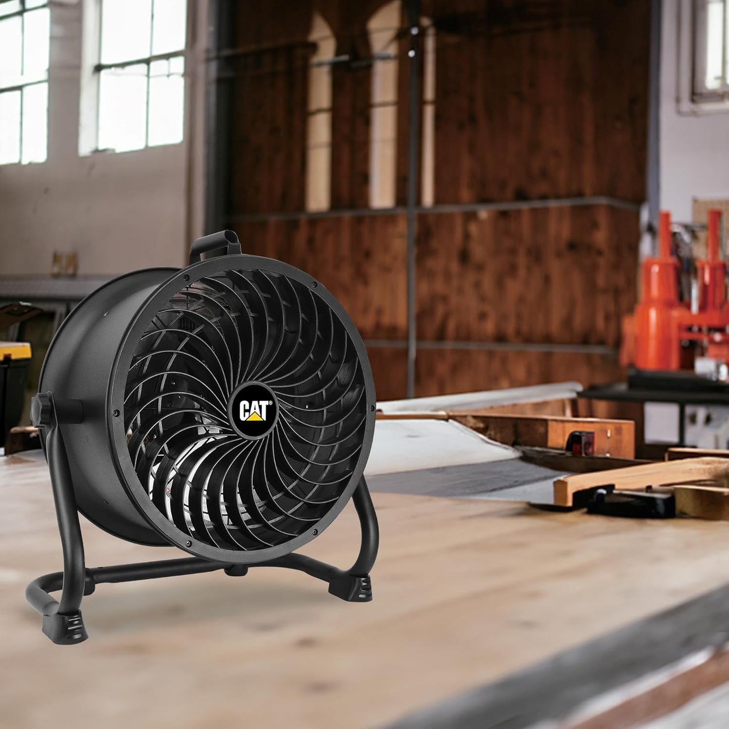 CATERPILLAR 14 inch Heavy Duty Industrial High Velocity Drum Air Circulator Utility Shop Floor Fan, 360 degree Pivoting Metal Drum Head, 2300 CFM, Dual Ball Bearing 4-speed Motor, BLACK