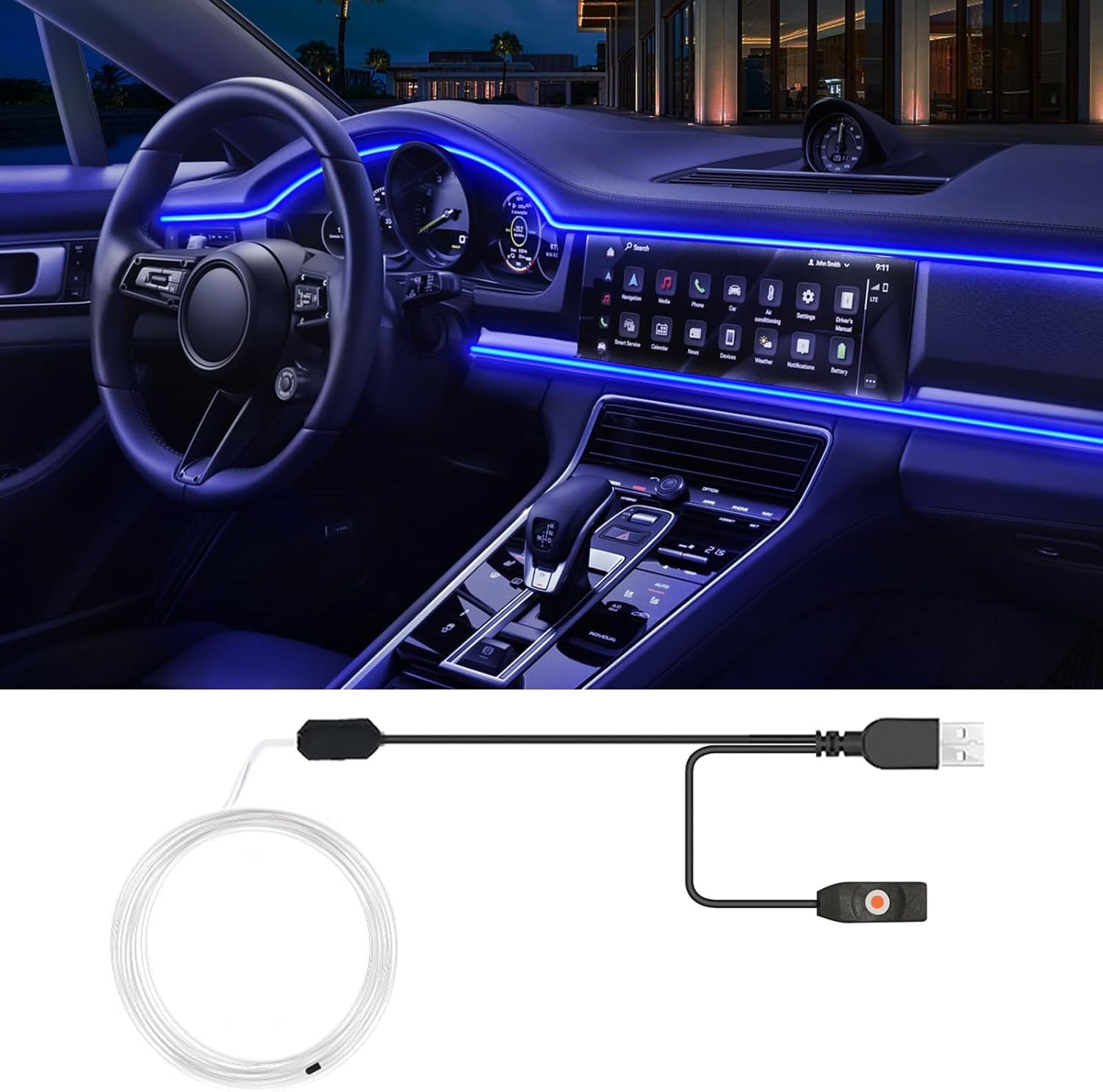 USB Car LED Lights, Interior Car Lights Strip 7 Colors Ambient Lighting with 118 inches Fiber Optic Music Sync Simple Installation EL Wire Lights (7 Colors/118 inches)