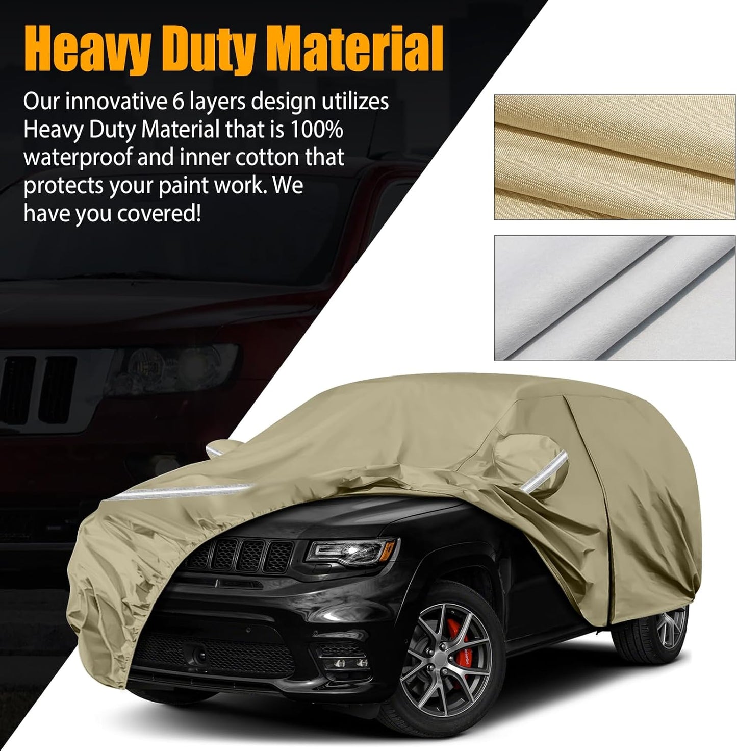 Waterproof Car Covers Replace for 2011-2025 Jeep Grand Cherokee, Multilayer Heavy Duty with Cotton Liner All Weather Car Cover with Zipper Door, Windproof Bands for Snow Rain Dust Protection