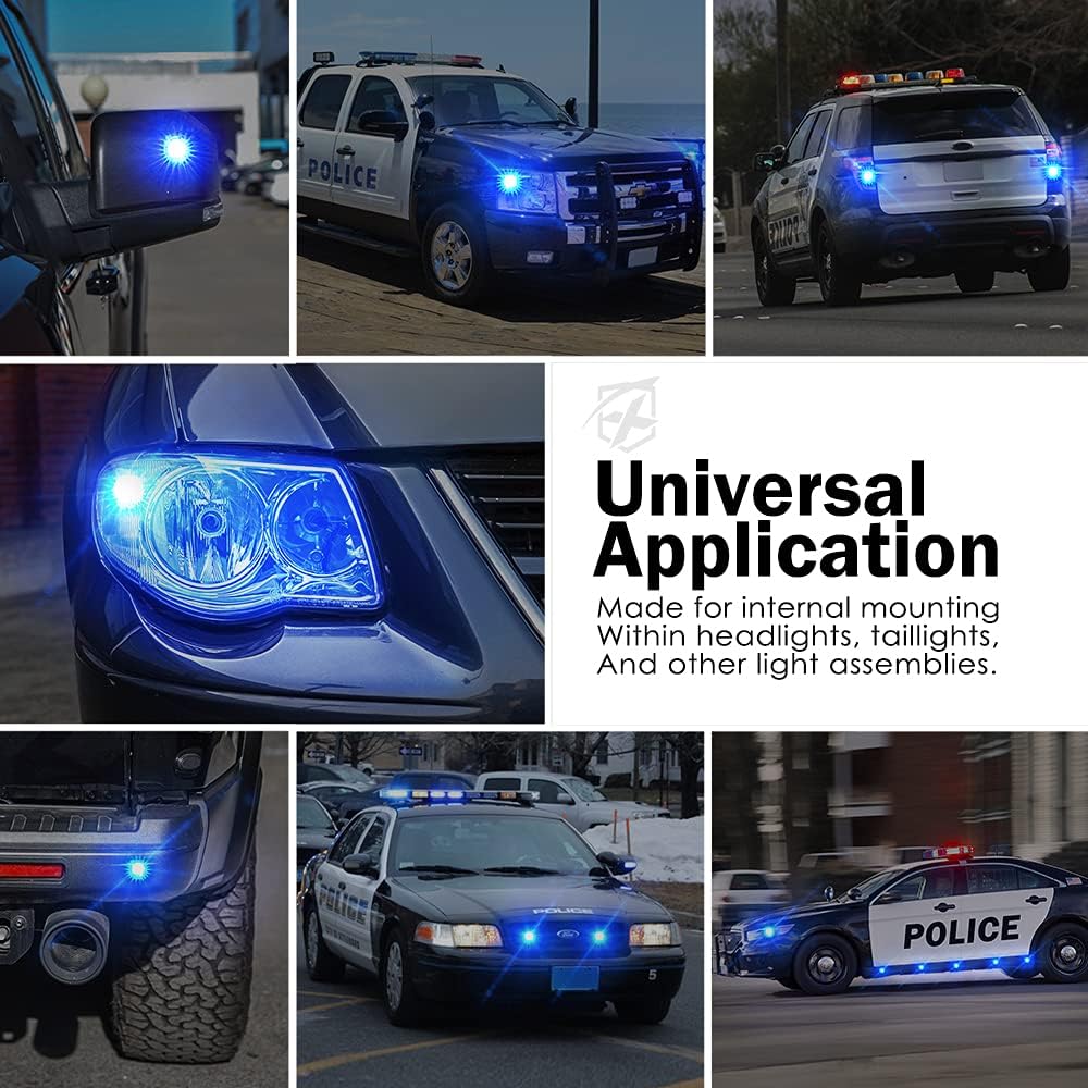 Xprite Blue LED Hideaway Strobe Police Lights Kit, 20 Flashing Patterns w/Control Panel for Headlights Taillights Hazard Warning Mounting, for Emergency Vehicles Volunteer Cars Trucks SUV 4PCS
