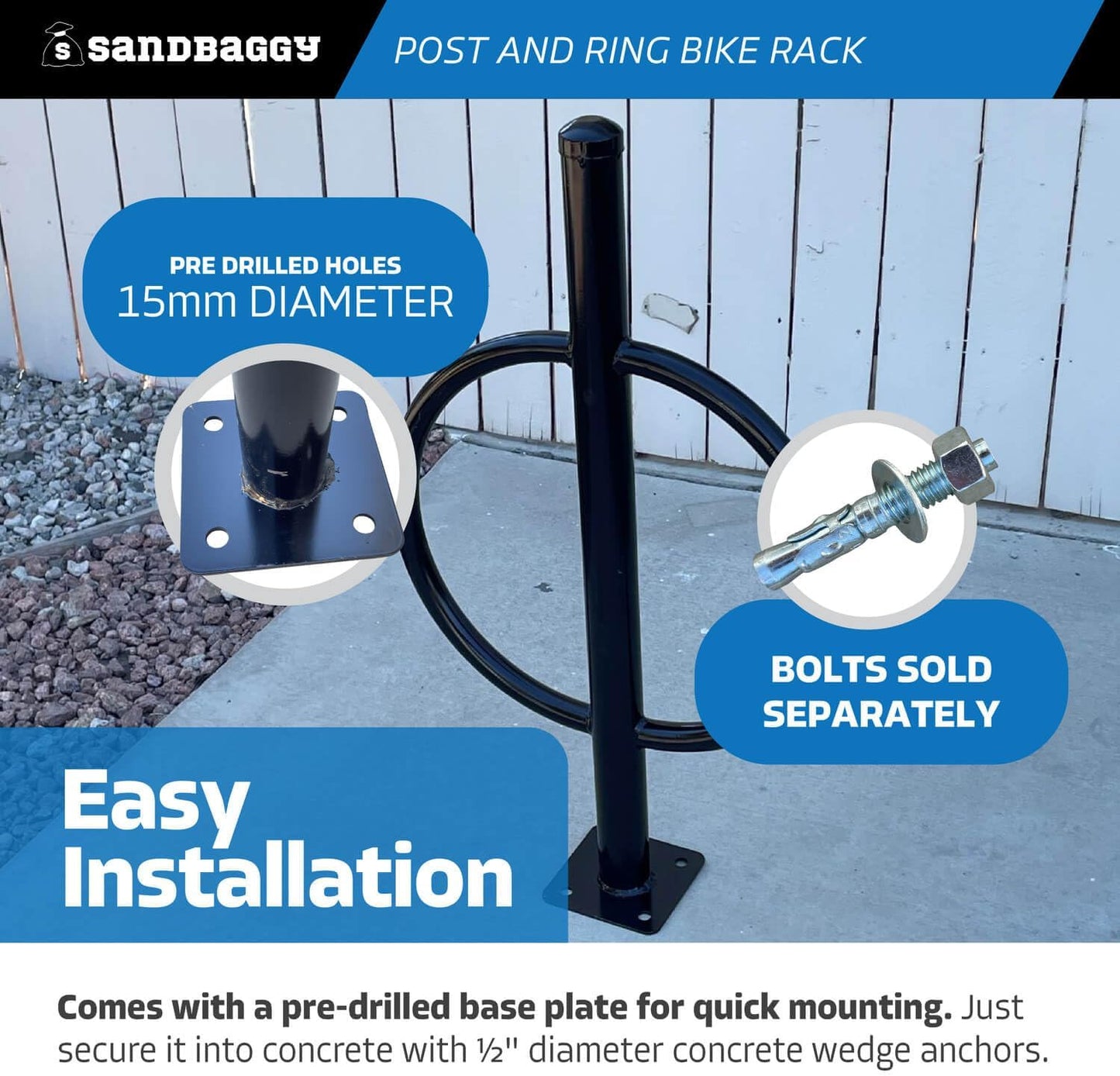 Sandbaggy Post and Ring Bike Rack - Commercial Bike Racks - Galvanized Steel - Anti-Theft Design - In Ground, Apartments, Sidewalks, Industrial (Blue, 1)