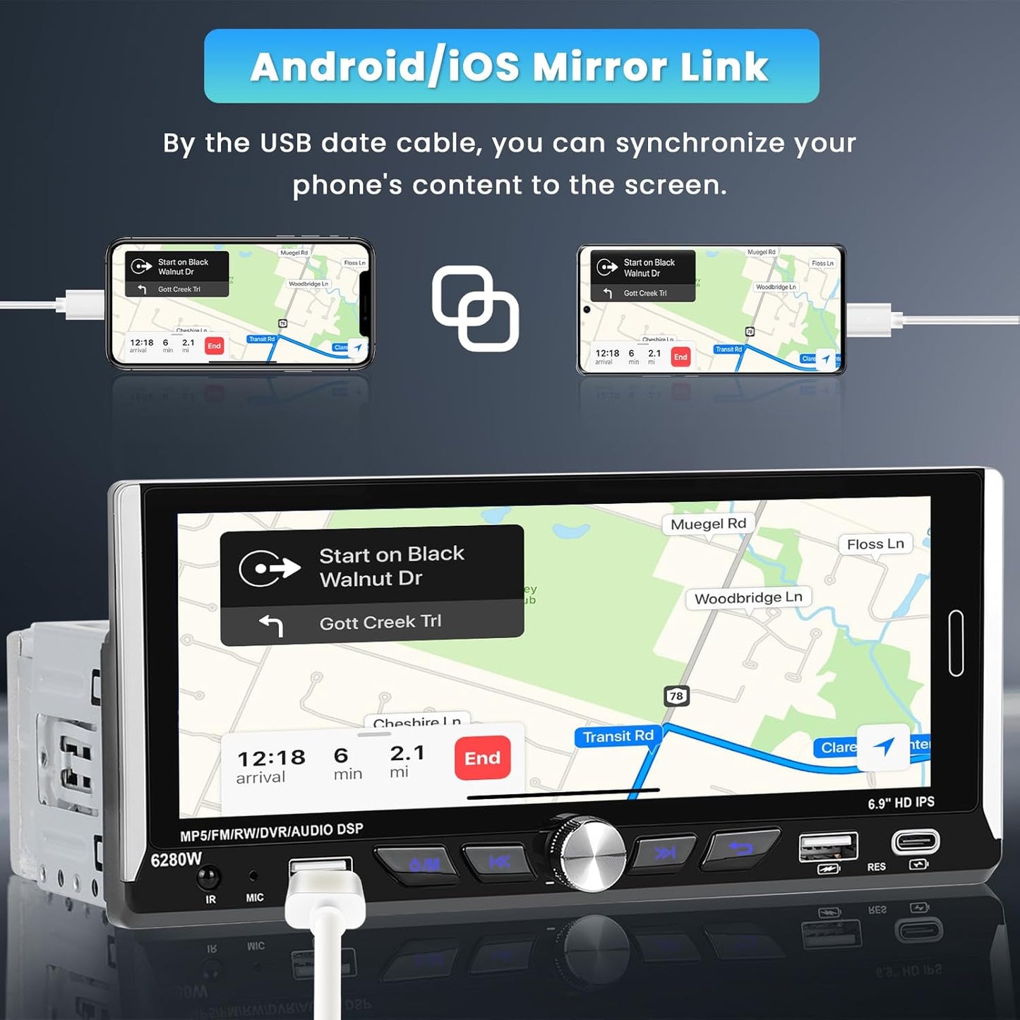 6.9 Inch Single Din Car Stereo with Wireless Carplay Android Auto, HD Touchscreen Radio Receiver with Bluetooth5.0 Audio FM/RDS EQ SWC Mirror Link USB/Type-C Port Backup Camera