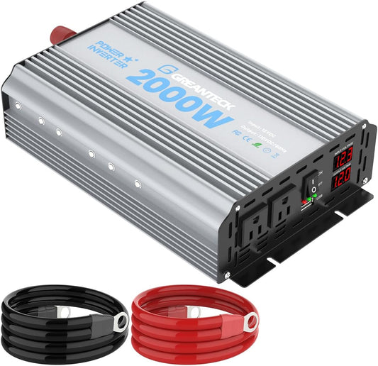 2000 Watt Power Inverter Modified Sine Wave, DC 12V to AC 110V 120V Converter with Dual Sockets, USB Port, LED Display for RV Truck Boat Solar Car Emergency Off Grid