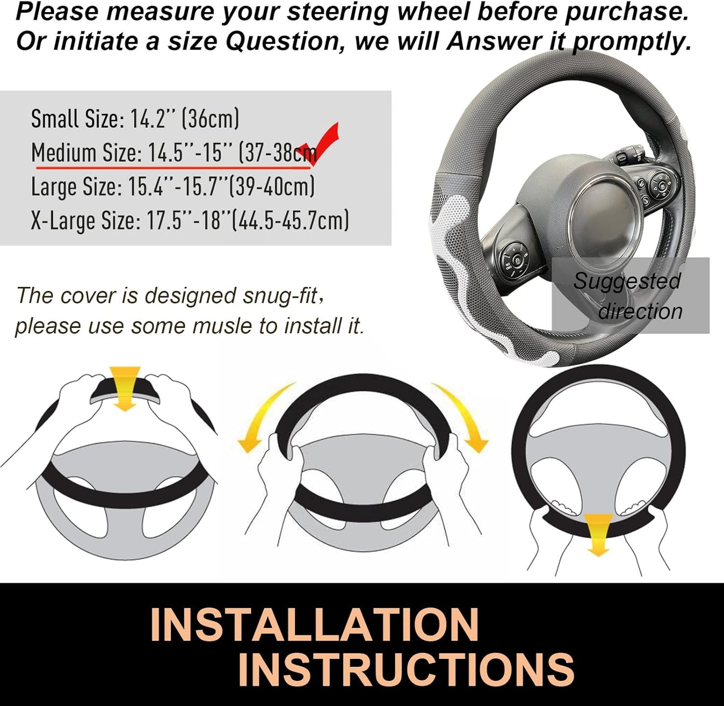 PINCTROT Comfy Grip Steering Wheel Cover, Anti-Slip Design, Universal 14.5-15 Inch(Silicone White)