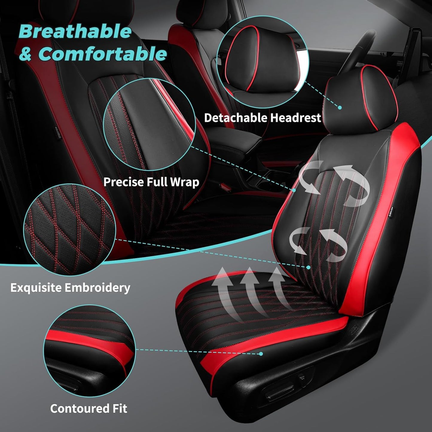 Seat Covers for Honda CRV 2023 2024 2025 2026 EX/EXL/LX/Sport/Touring/Special Edition, Hybrid & Gas, 1:1 Custom Leather Seat Covers Full Set - BlackRed