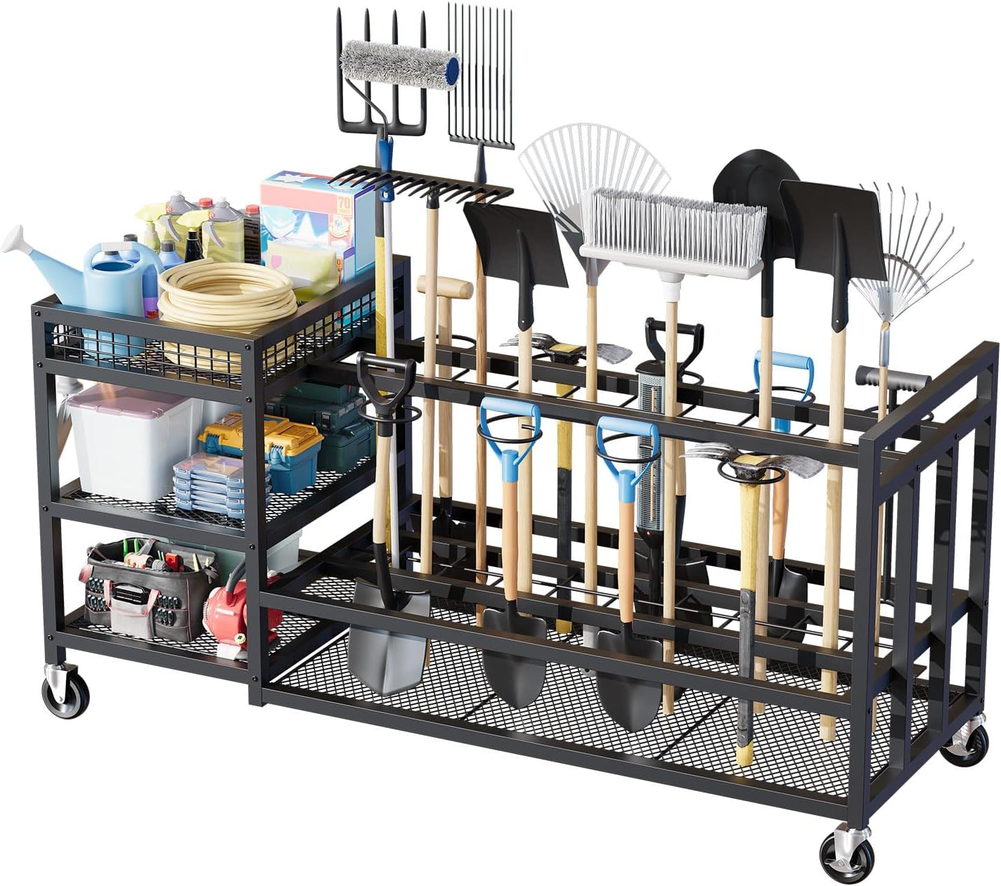 Garden Tool Organizer with Wheels-Movable Garden Tool Rack with Storage Hooks for Long-Handled Tools/Rakes/Brooms/Shovels,Heavy Duty Metal Garden Tool Storage for Garage,Shed,Garden,Black