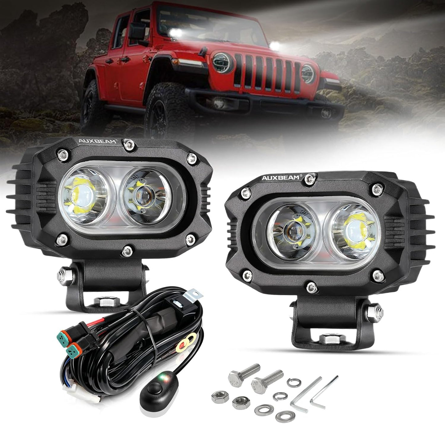 Auxbeam 4 Inch LED Pod, Square Pod Light with 5050 LED White Flood Beam Offroad Driving Fog Light with Wiring Harness for Jeep Wrangler Truck Pickup SUV ATV UTV (2 Pcs)