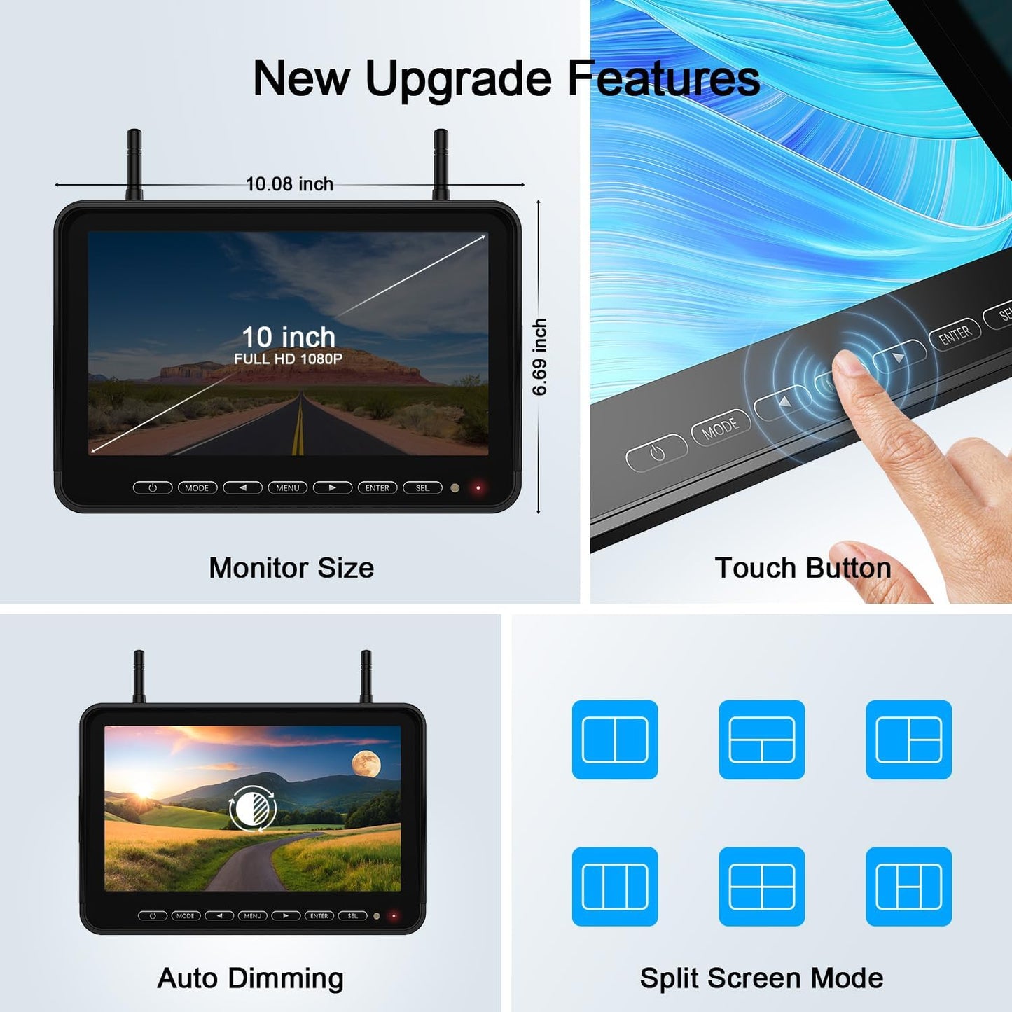 Fookoo 1080P 10" Wireless RV Backup Camera System for Furrion Pre-Wired RV Truck Trailer, 10" HD IPS Monitor & 2 Rear View Cameras, Dual Split Screen IR Night Vision Recording Waterproof - D10Y2