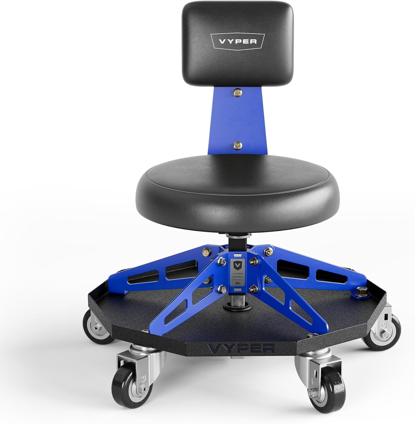 Vyper Robust Steel Sport Shop Chair for Mechanics, Automotive, DIY - 300 lb Capacity Garage Stool with Backrest & Large Wheels (Black Seat, Blue Frame)