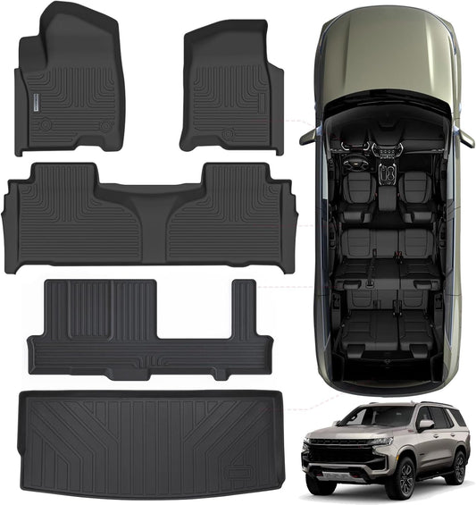 Floor Mats & Trunk Mat for Chevrolet Tahoe 2021-2024 2025-2nd Row Bench Seat (8 Seats Version) /GMC Yukon（Not Fit XL,TPE All Weather Protection Car Floor Liners for Chevy Tahoe