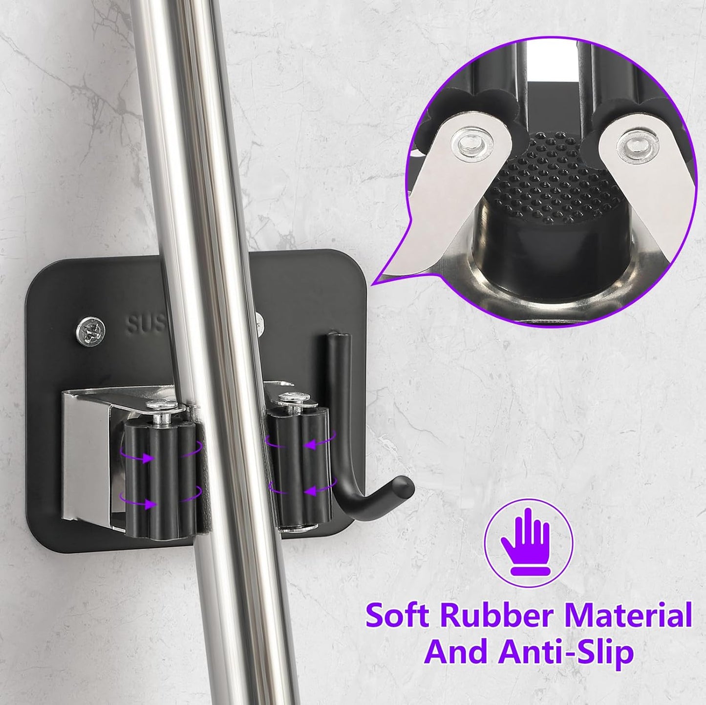 Broom Holder Wall Mount Screw Drilling, Sturdy Heavy Duty Stainless Steel Mop Gripper Rack Perforated, Perfect for Laundry Room Organizer, Fit with Laundry Kitchen Garage Garden Storage System