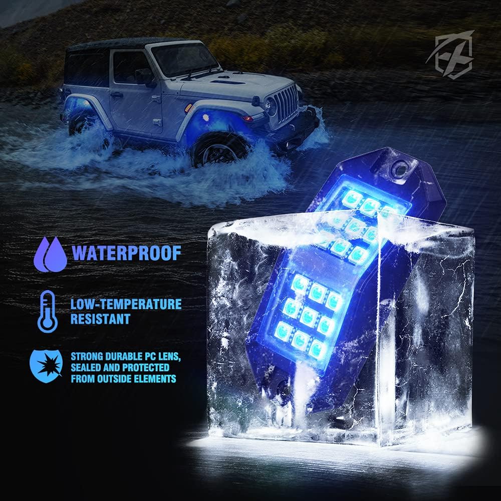 Xprite RGB LED Rock Lights Wide Angle Bluetooth Multicolor Neon Lighting Footwell Underglow Kits w/Wireless Remote, Compatible Jeep Off-Road Trucks Cars UTV ATV SUV RZR Motorcycles Boats 6 Pods