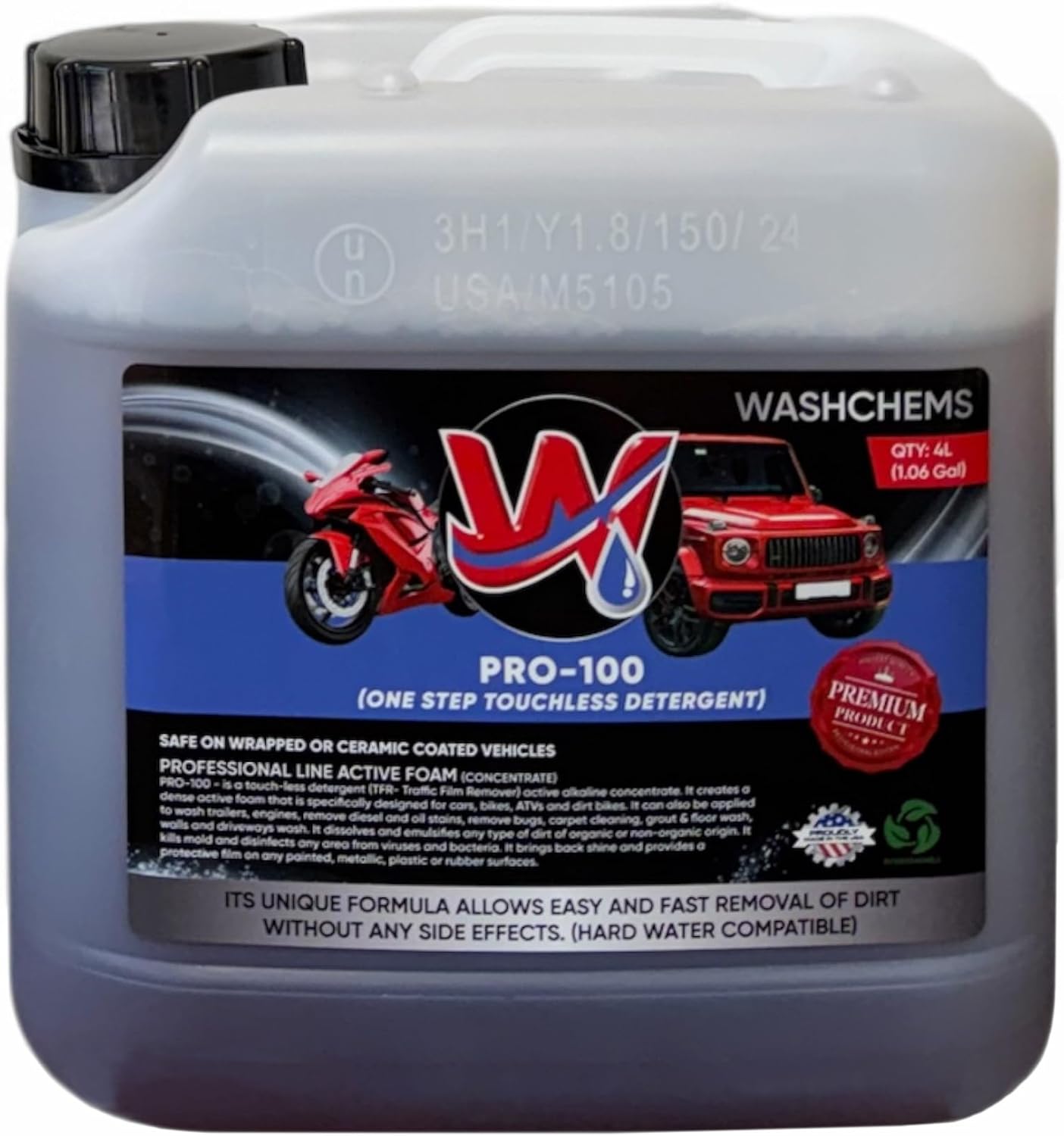 Wash Chems Pro 100 Touchless Car Wash Detergent Soap Concentrate No Brushing 4L (Heavy-Duty) Commercial Grade Professional Auto Active Foam Cleaner