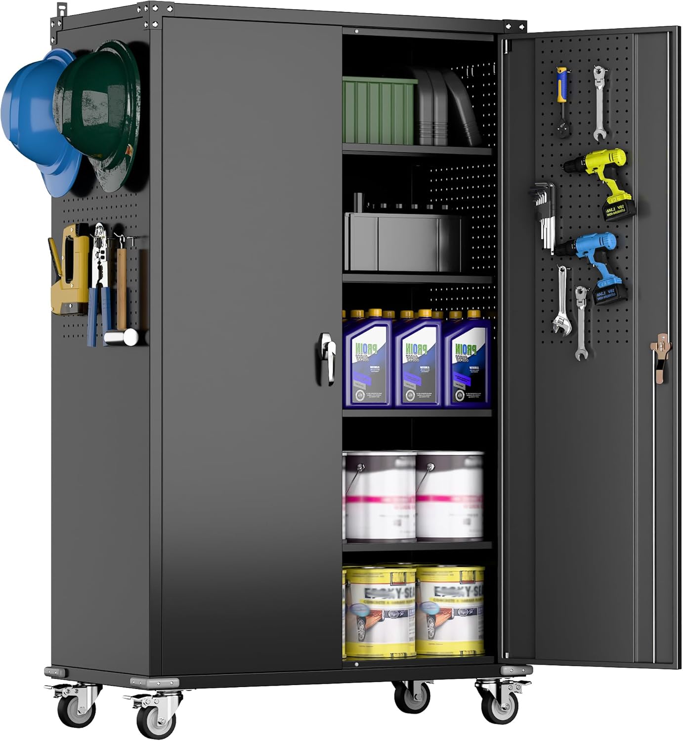 72" H Wide and Deep Garage Storage Cabinet with Wheels & Pegboard, Large Locking Metal Storage Cabinet with 2 Doors and 4 Adjustable Shelves for Garage, Home, Assembly Required, Black