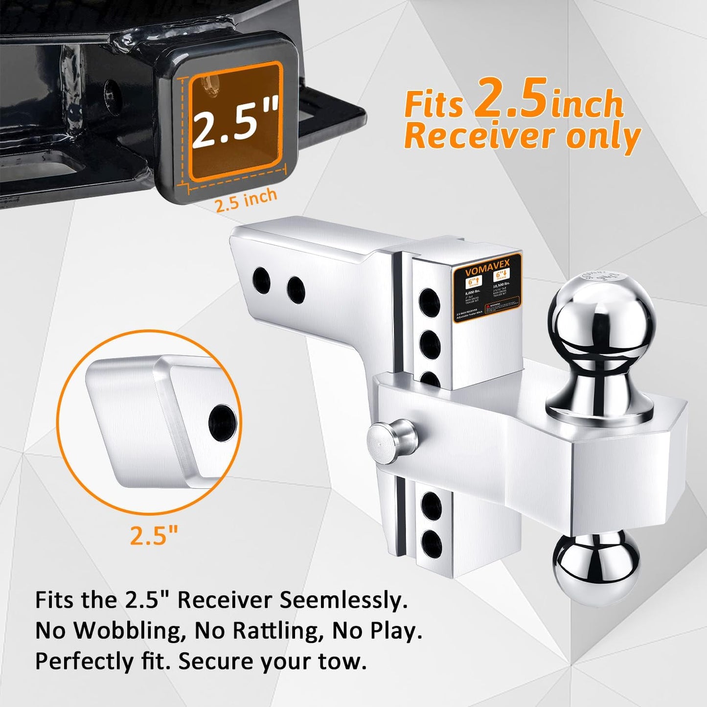 Adjustable Trailer Hitch-Drop Hitch Fits 2.5-Inch Receiver -6" Drop/Rise Tow Hitch with 2" and 2-5/16" Tow Balls-18,500GTW with Double Anti-Theft Pins Locks (Silver)