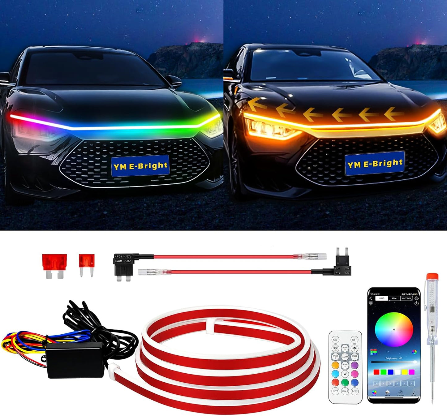 RGB Hood Light Strip with Sequential Turn Signal Indicator Function Waterproof Multicolor Dynamic Scan Start Up Hoodbeam Kit for Cars,Truck,Suv,with APP Control,12V 79inch/2M (1Set)
