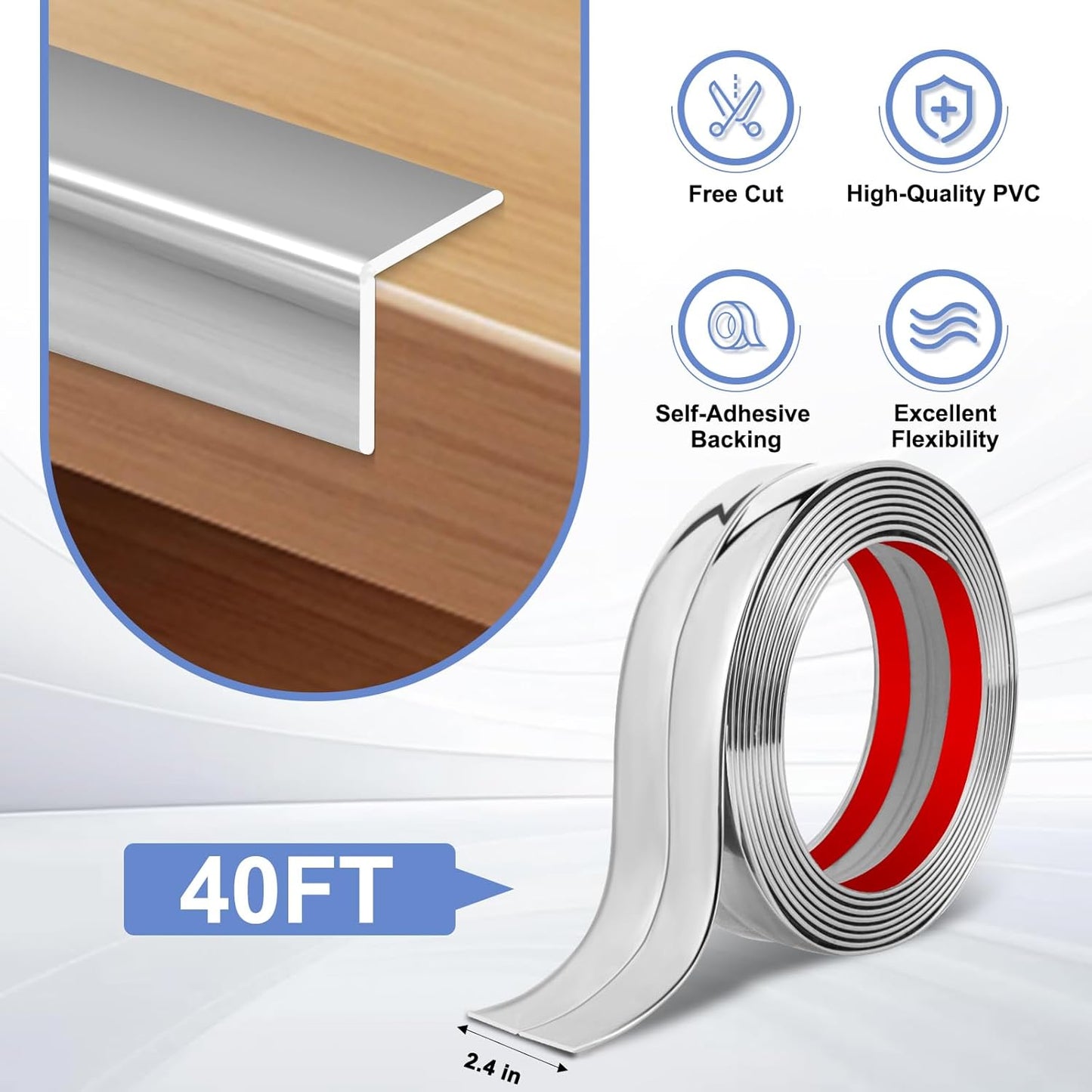 Wall Corner Protector Moulding Trim Peel and Stick Wall Corner Guards Trim Flexible Self Adhesive Edge Protector Moulding, 2.4 in x 40 Ft, Silver