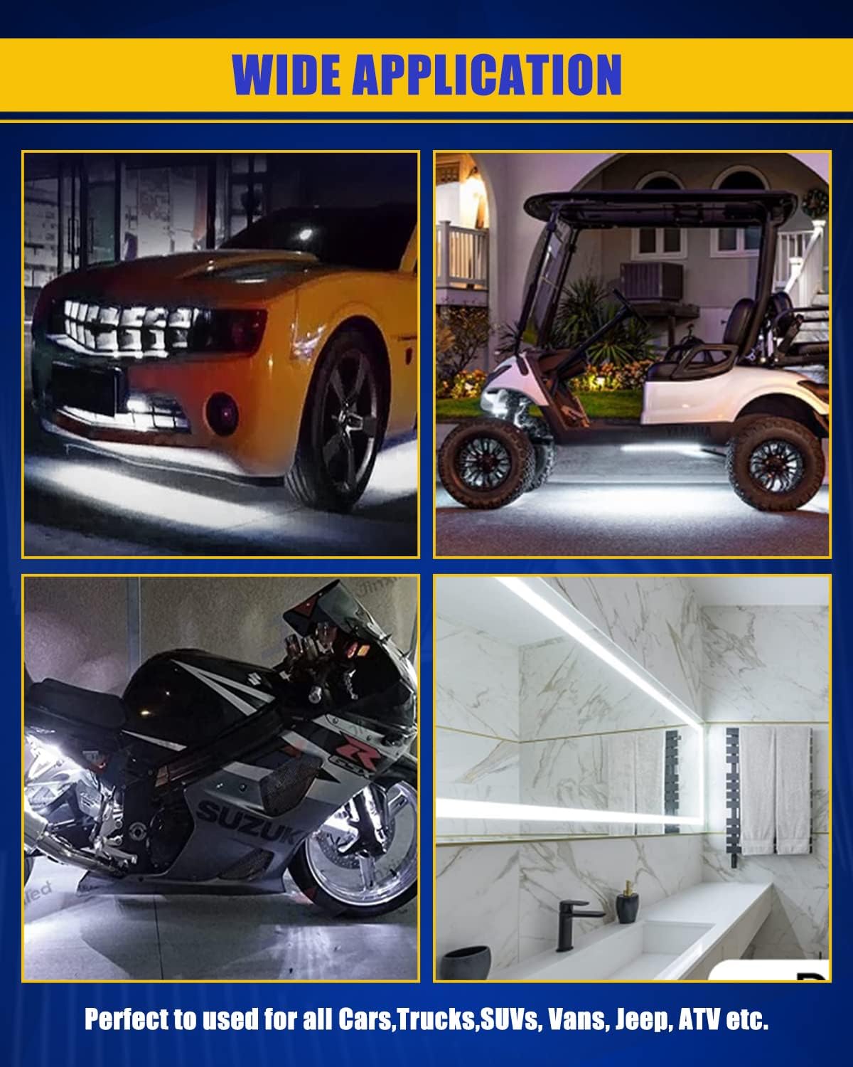 12V Led Strip Light,Car Interior Light Strip IP68 Waterproof Cuttable for Automotive Motorcycle Marine Boat Golf Cart Cargo Home Decoration Led Strip White,12inch (Pack of 4)