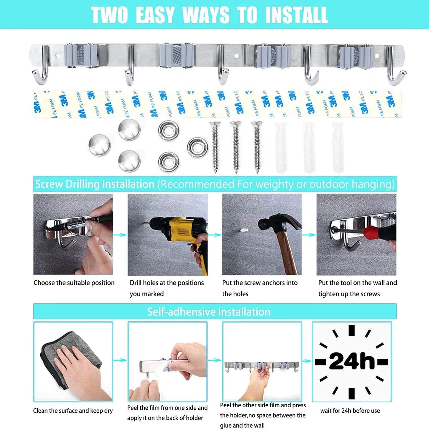 Broom Mop Holder Wall Mount Stainless Steel Tool Hanger Storage Organizer for Home, Kitchen, Garage, Garden, Laundry Room, Bathroom Organization and Storage(4 Racks 5 Hooks)