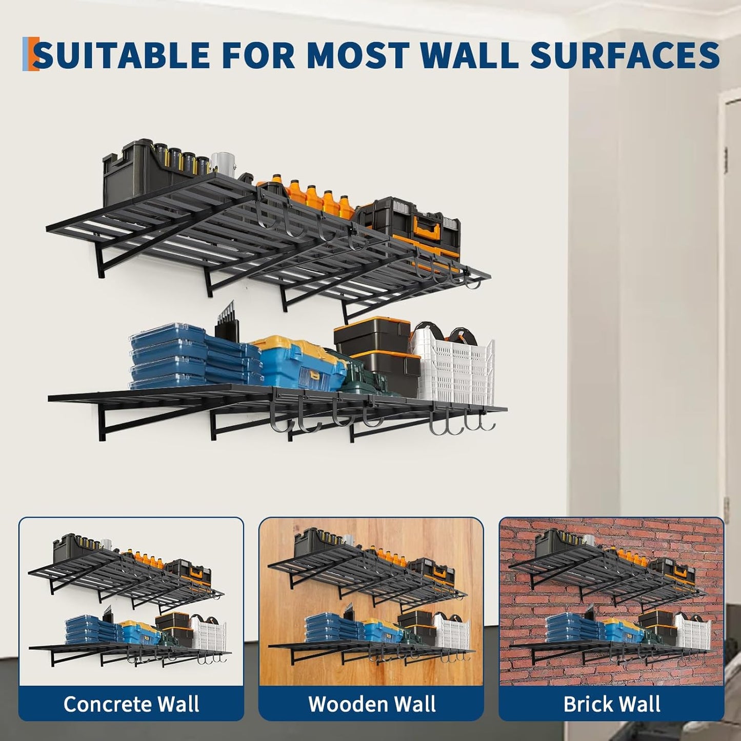 2 Pack Heavy Duty Garage Wall Shelves, 2x4ft Wall Mount Storage Shelf with Hooks, Shelf Warehouse Organization System, Rack Shelving, Holds 200 Lbs Each for Shop, Garage Storage