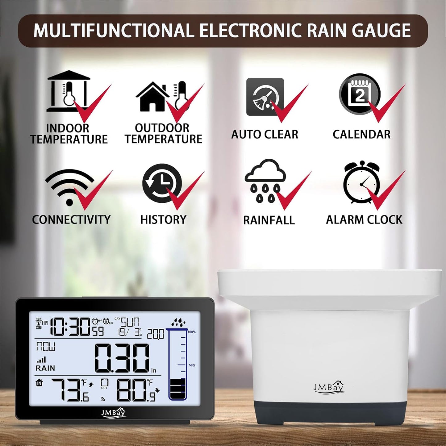 Wireless Rain Gauge Outdoor, Digital Rain Gauge Outdoors Best Rated with Thermometer,Accurate Self-Emptying Rain Measure Gauge for Garden,Remote Electronic Rain Meter,Freeze Proof Rainfall Measurer