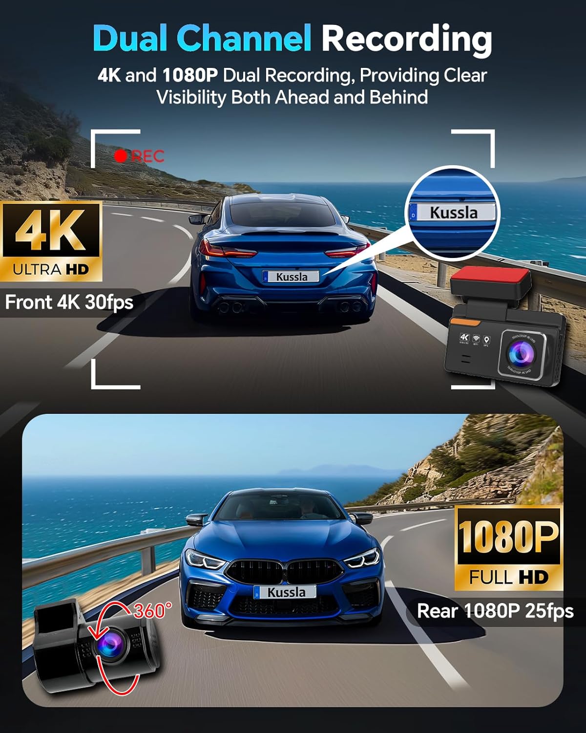Dash Cam Front and Rear 4K+1080P, Dash Camera for Cars Built-in GPS WiFi, App Control, 64GB Card, 3 Inch IPS Screen Dual Dashcam Car Camera with ADAS, Night Vision, Loop Recording, G-Sensor