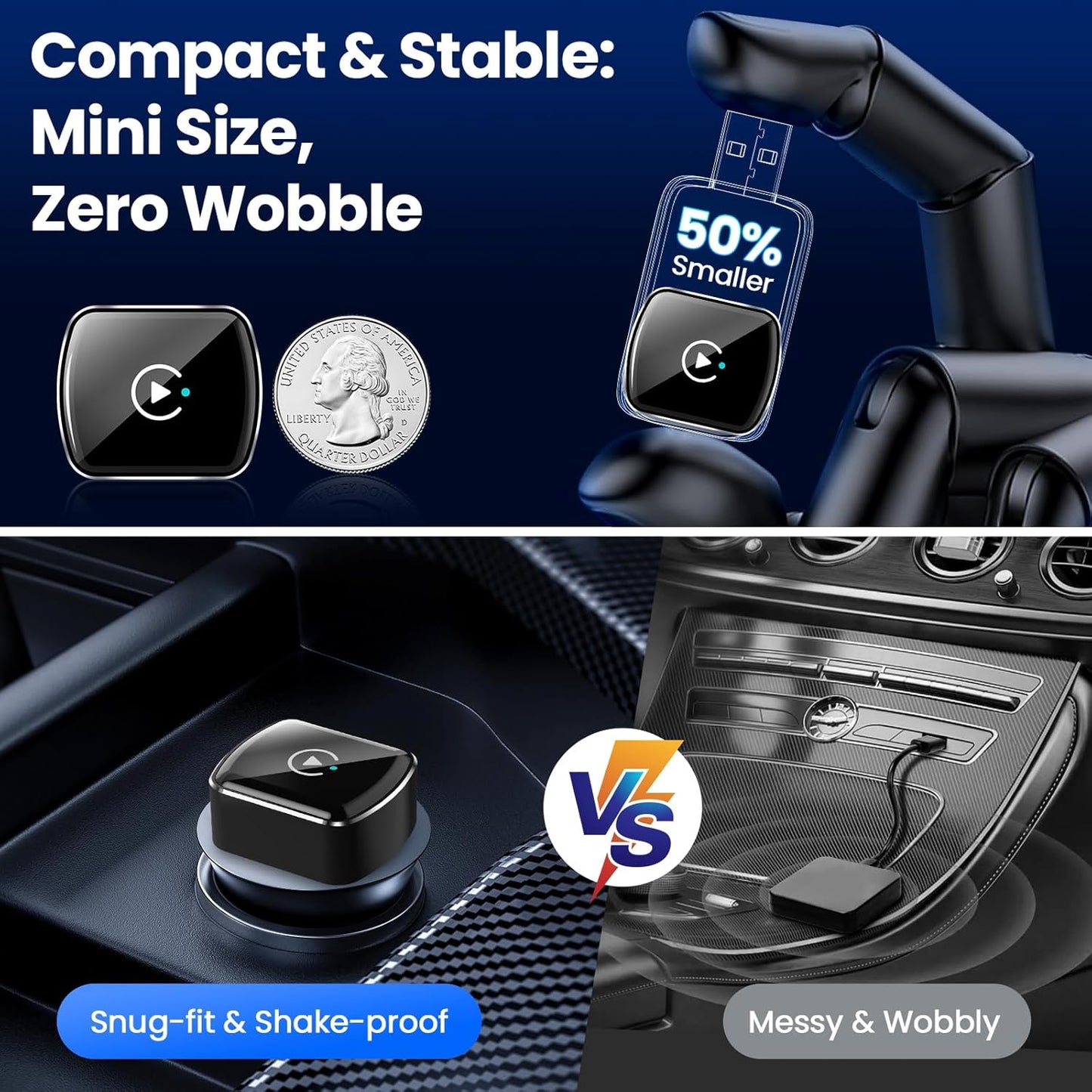 Wireless CarPlay Adapter & Android Auto, 2-in-1 CarPlay Adapter Convert Wired to Wireless, Mini Size with USB A & USB-C Extension Cable, Plug & Play, Stable Connection & No Delay