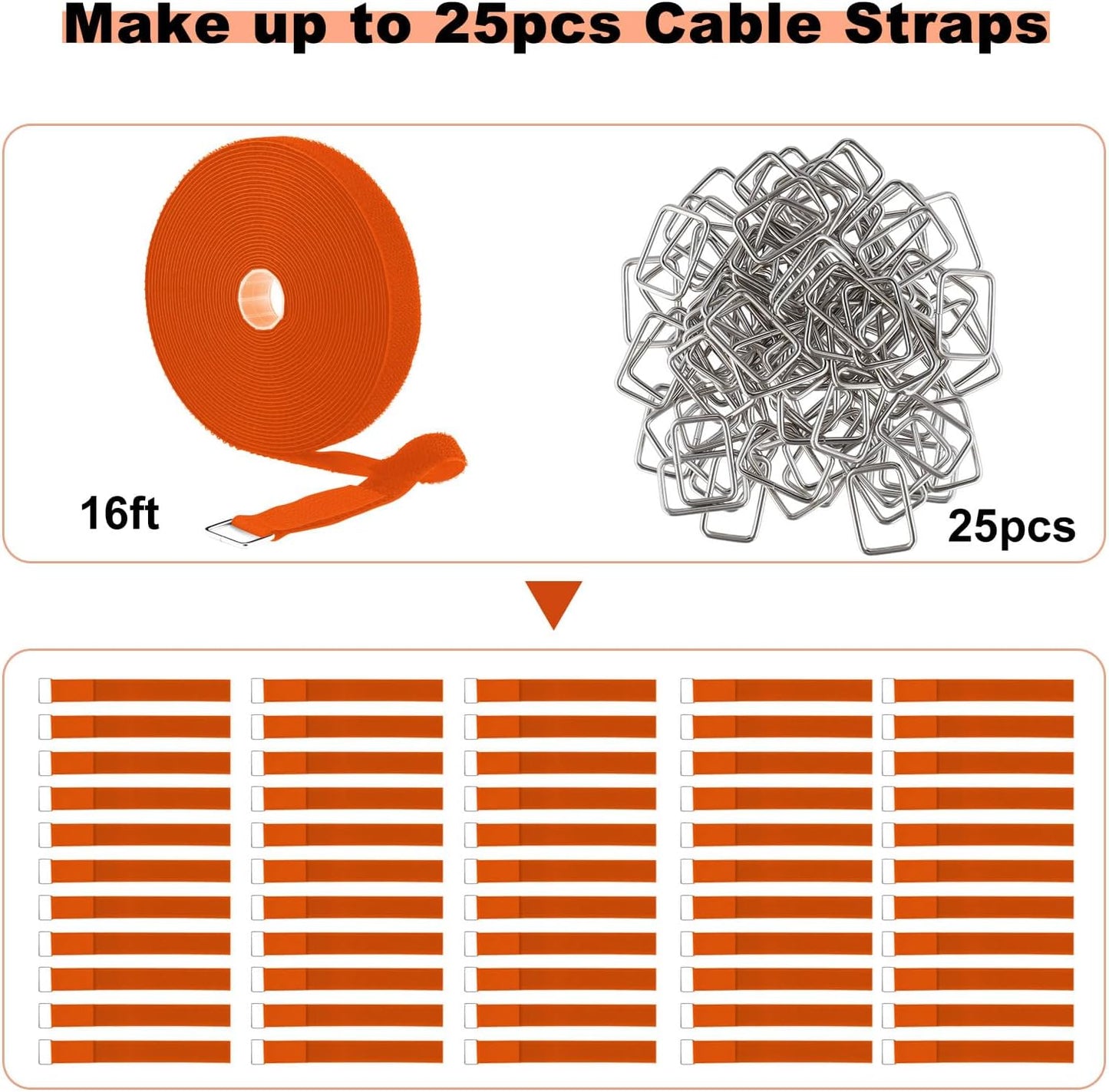 1"x16ft Hook and Loop Straps with 25 Metal Buckles, Adjustable Fastening Cable Straps, Cut-to-Length Cinch Strap, Reusable Nylon Securing Cord Ties for Organizer or Storage, 1 inch Wide,Orange