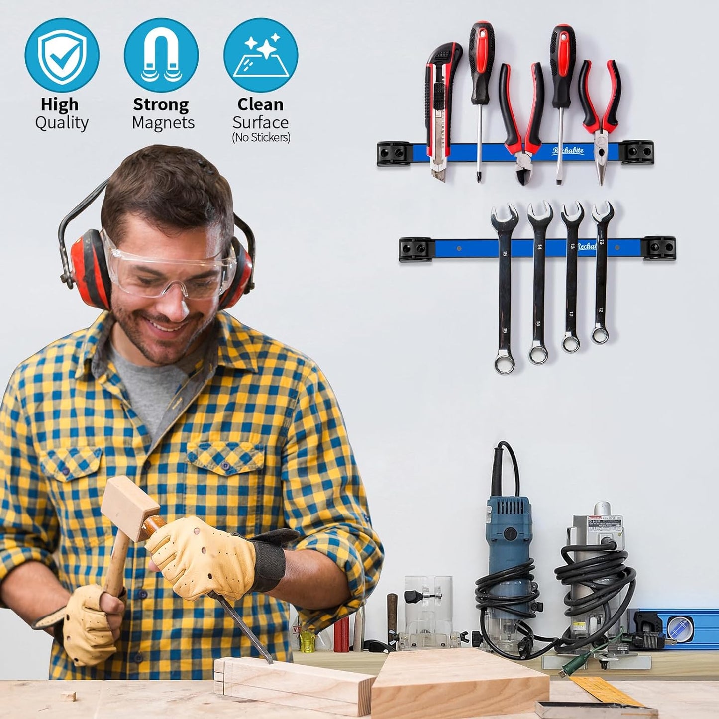 4 Pieces 12" Magnetic Tool Holder Strip, Blue Magnet Bar, Metal Tool Organizer Rack for Garage Organization, Easy To Install in Workshop, Mounting Screws Included