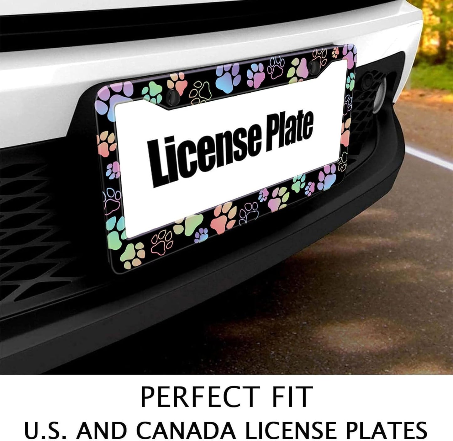 Dog Paw Car License Plate Frames, Colorful Pet Paw Printed License Plate Holder Cover, Metal Aluminum Rustproof Car Accessories for US Canada Standard Women Men 2 Holes with Screw Caps