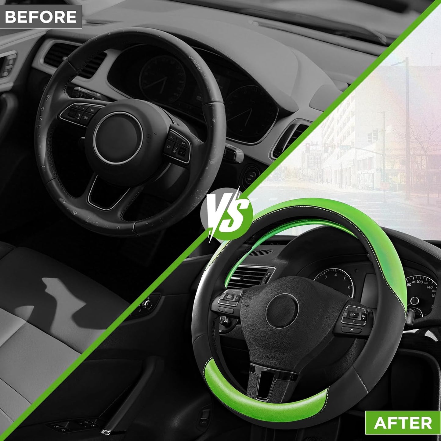 Road Comforts Steering Wheel Cover – Breathable Leather Steering Wheel Cover, Anti-Slip Grip, Universal Fit 14.5” to 15”, Heat & Cold Resistant for Cars, SUVs, and Trucks – Black & Green