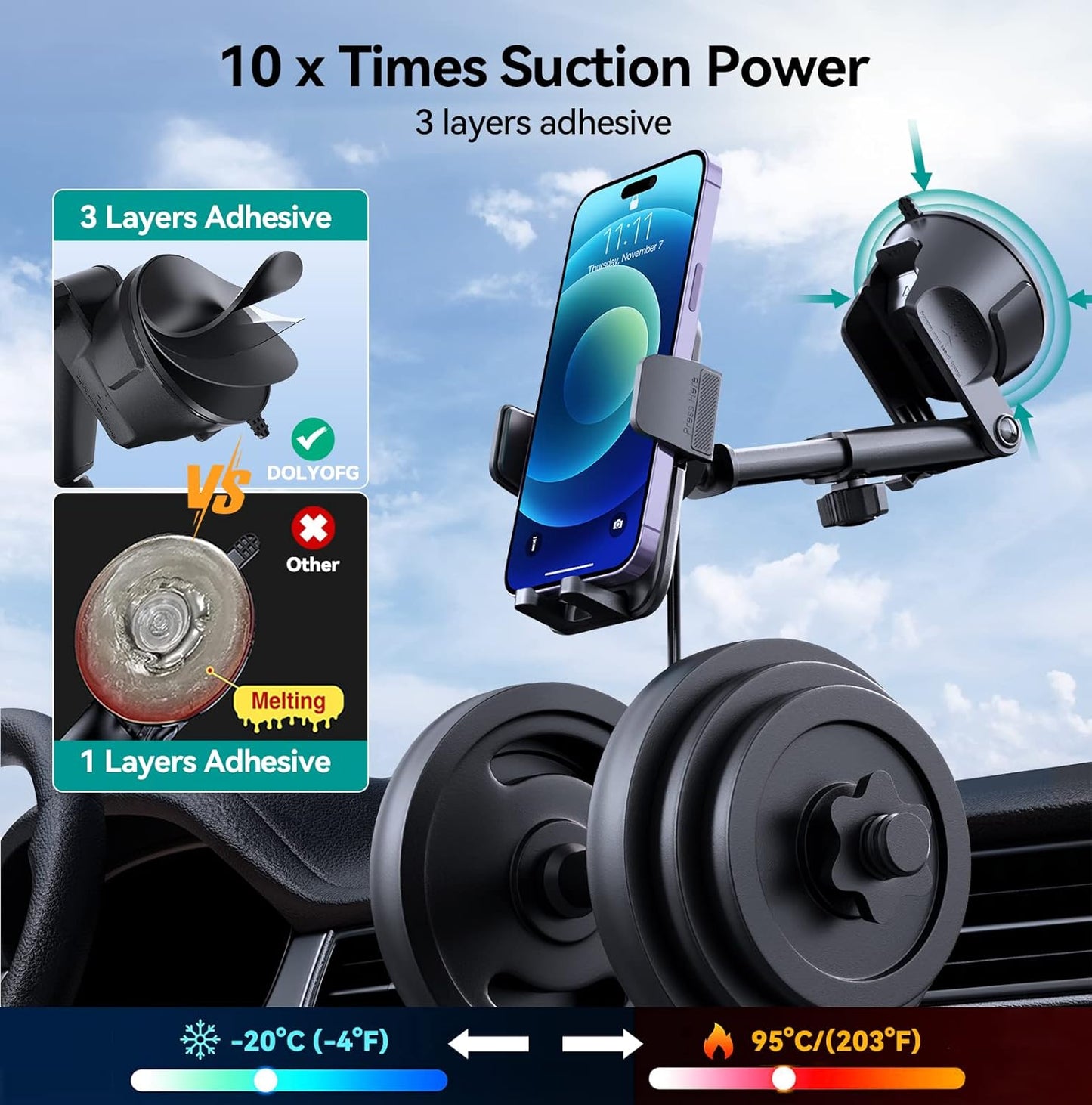 Car Phone Holder Mount, [Military-Grade Suction & Super Sturdy Base] 3 in 1 Universal Phone Mount for Car Dashboard Windshield Air Vent Car Mount for iPhone Android Smartphone GPS Navigator