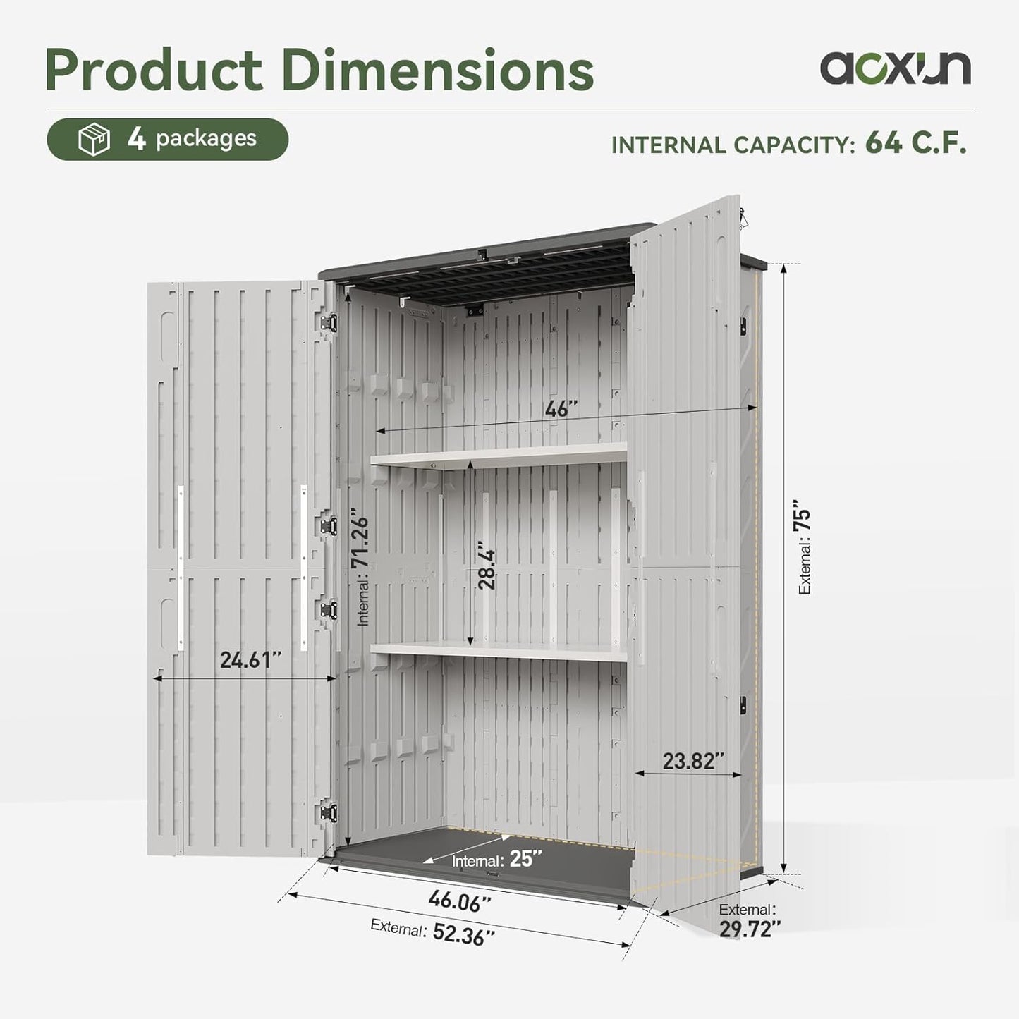 Aoxun 64 Cu.Ft Outdoor Storage Shed with Floor and 2 Shelves, Waterproof Horizontal Resin Cabinet for Garage Storage, Pool Storage, Bike Shed, Garden Shed